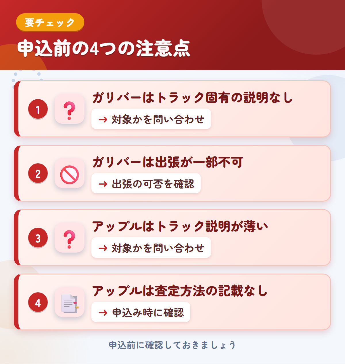 ガリバーとアップルの申込前の注意点4つ。ガリバーはトラック固有の説明なし、ガリバーは出張が一部不可、アップルはトラック説明が薄い、アップルは査定方法の記載なし