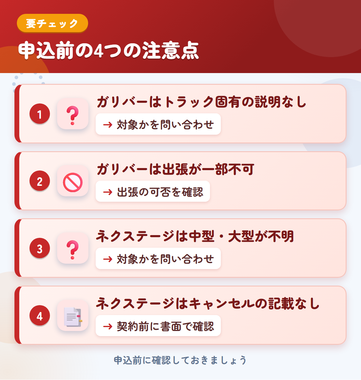 ガリバーとネクステージの申込前の注意点4つ。ガリバーはトラック固有の説明なし、ガリバーは出張が一部不可、ネクステージは中型・大型が不明、ネクステージはキャンセルの記載なし