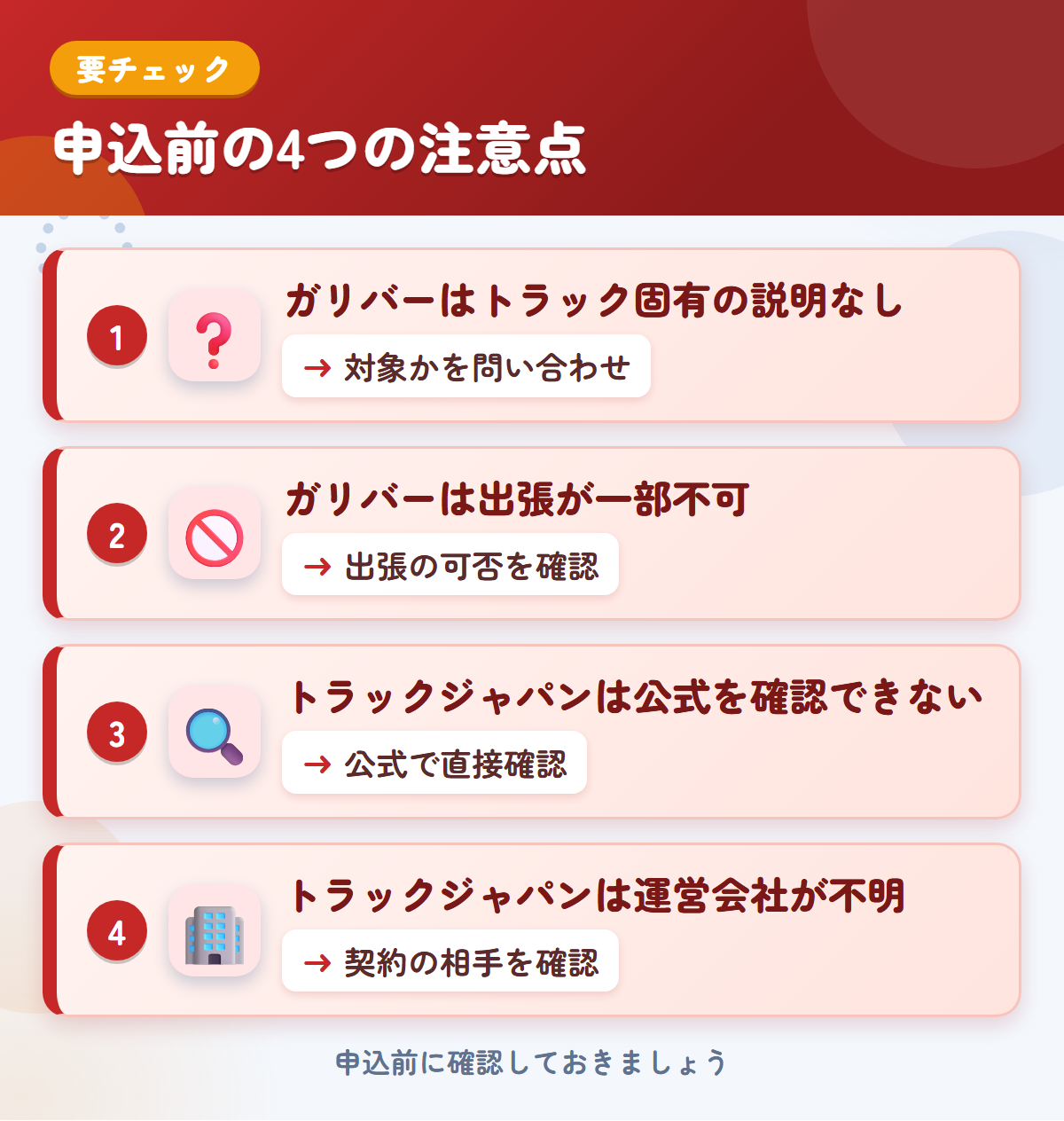 ガリバーとトラックジャパンの申込前の注意点4つ。ガリバーはトラック固有の説明なし、ガリバーは出張が一部不可、トラックジャパンは公式を確認できない、トラックジャパンは運営会社が不明