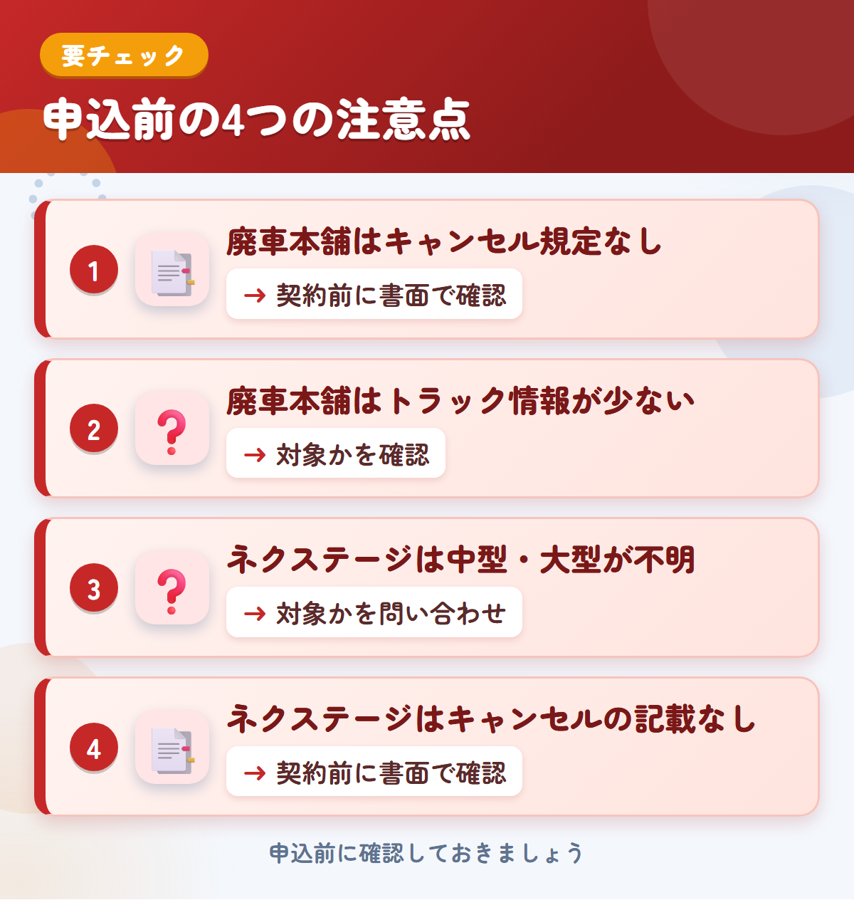 廃車本舗とネクステージの申込前の注意点4つ。廃車本舗はキャンセル規定なし、廃車本舗はトラック情報が少ない、ネクステージは中型・大型が不明、ネクステージはキャンセルの記載なし