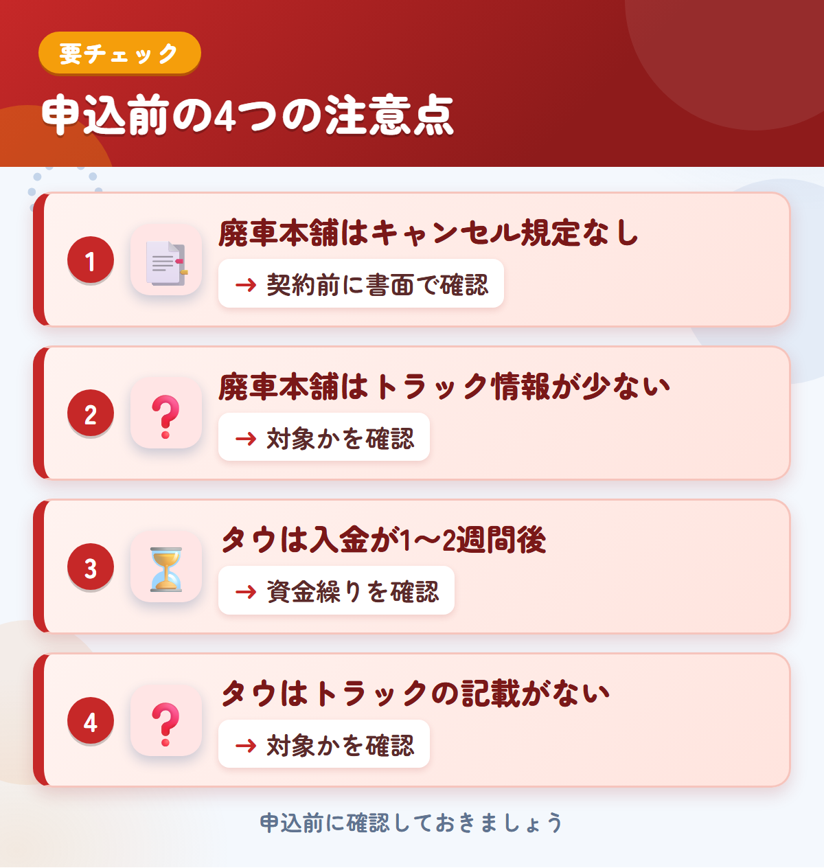 廃車本舗とタウの申込前の注意点4つ。廃車本舗はキャンセル規定なし、廃車本舗はトラック情報が少ない、タウは入金が1〜2週間後、タウはトラックの記載がない
