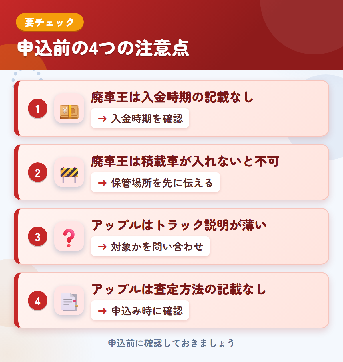 廃車王とアップルの申込前の注意点4つ。廃車王は入金時期の記載なし、廃車王は積載車が入れないと不可、アップルはトラック説明が薄い、アップルは査定方法の記載なし