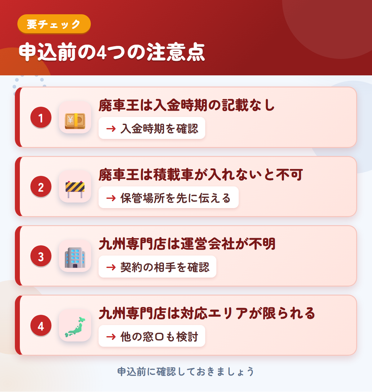 廃車王と九州専門店の申込前の注意点4つ。廃車王は入金時期の記載なし、廃車王は積載車が入れないと不可、九州専門店は運営会社が不明、九州専門店は対応エリアが限られる