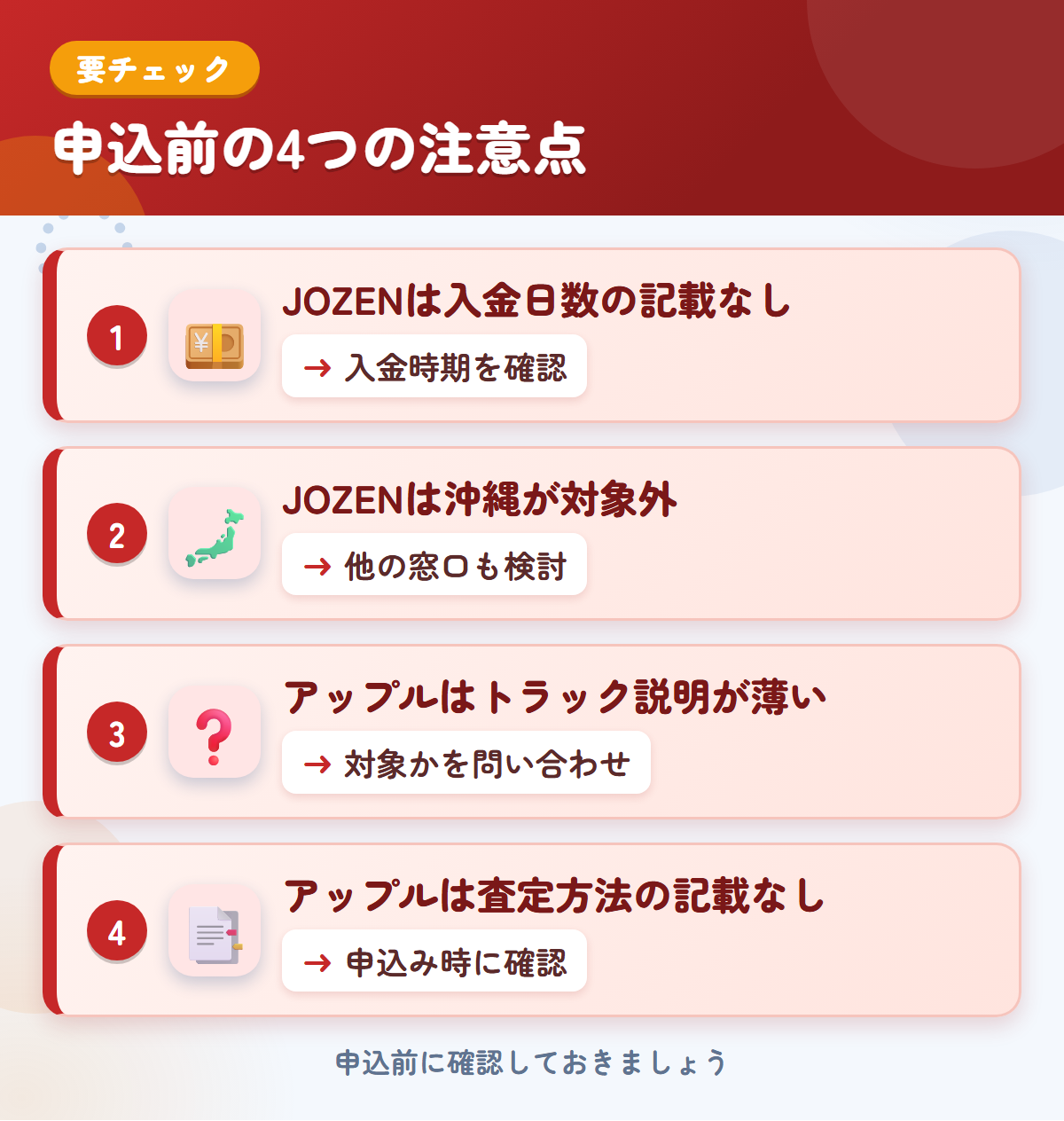 JOZENとアップルの申込前の注意点4つ。JOZENは入金日数の記載なし、JOZENは沖縄が対象外、アップルはトラック説明が薄い、アップルは査定方法の記載なし