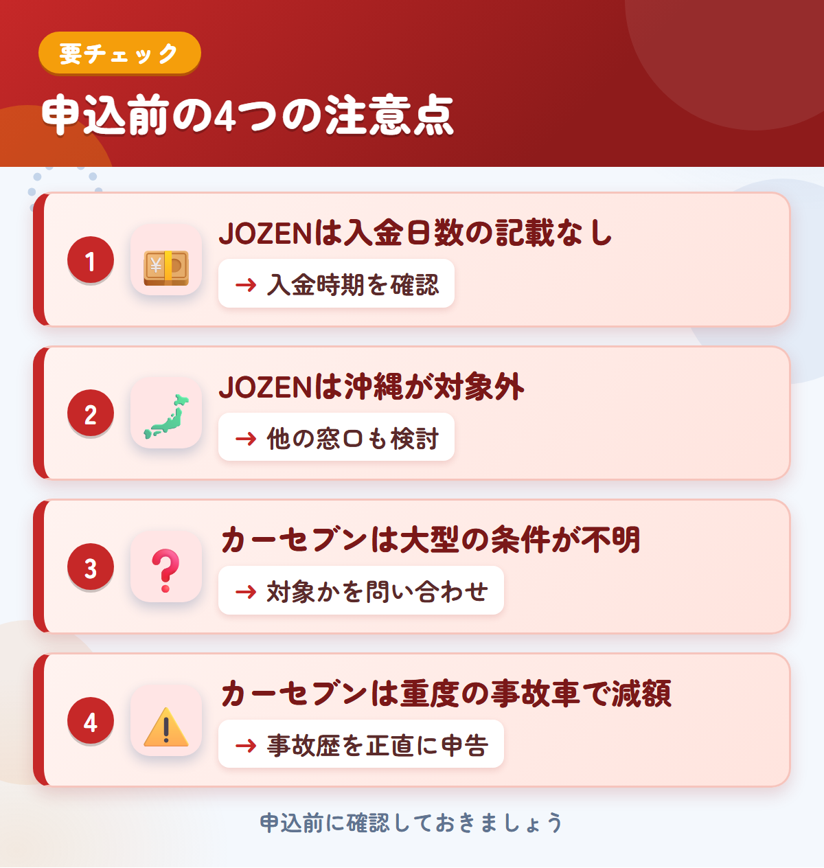 JOZENとカーセブンの申込前の注意点4つ。JOZENは入金日数の記載なし、JOZENは沖縄が対象外、カーセブンは大型の条件が不明、カーセブンは重度の事故車で減額