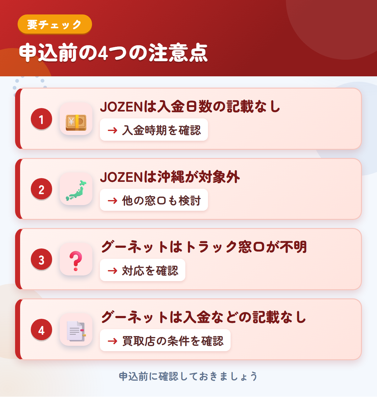 JOZENとグーネットの申込前の注意点4つ。JOZENは入金日数の記載なし、JOZENは沖縄が対象外、グーネットはトラック窓口が不明、グーネットは入金などの記載なし
