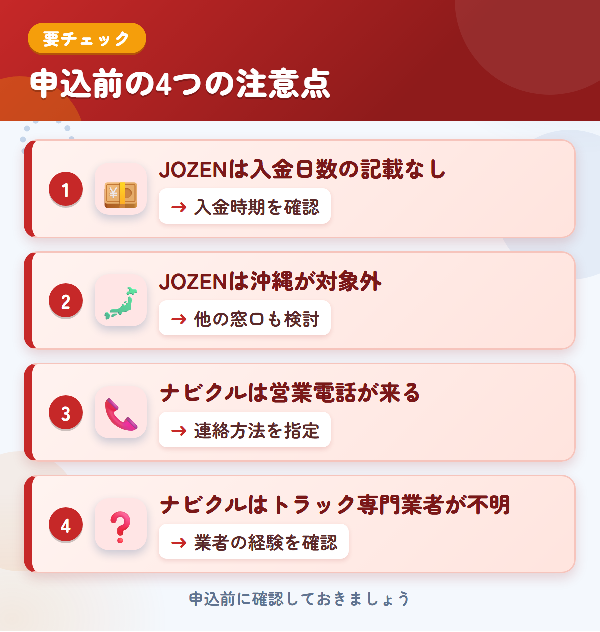 JOZENとナビクルの申込前の注意点4つ。JOZENは入金日数の記載なし、JOZENは沖縄が対象外、ナビクルは営業電話が来る、ナビクルはトラック専門業者が不明