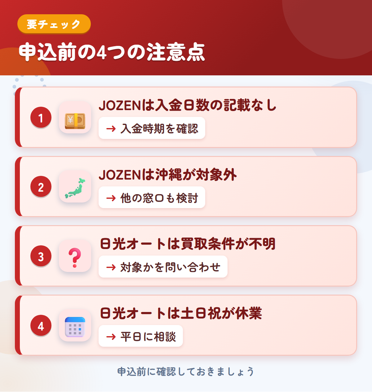 JOZENと日光オートの申込前の注意点4つ。JOZENは入金日数の記載なし、JOZENは沖縄が対象外、日光オートは買取条件が不明、日光オートは土日祝が休業