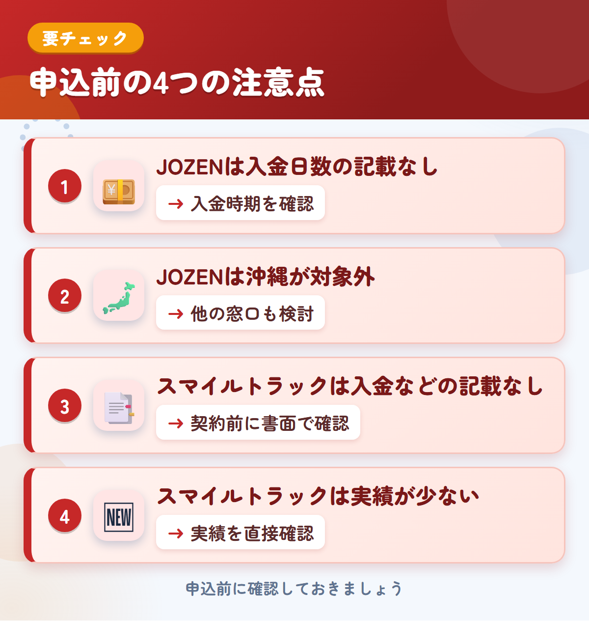 JOZENとスマイルトラックの申込前の注意点4つ。JOZENは入金日数の記載なし、JOZENは沖縄が対象外、スマイルトラックは入金などの記載なし、スマイルトラックは実績が少ない