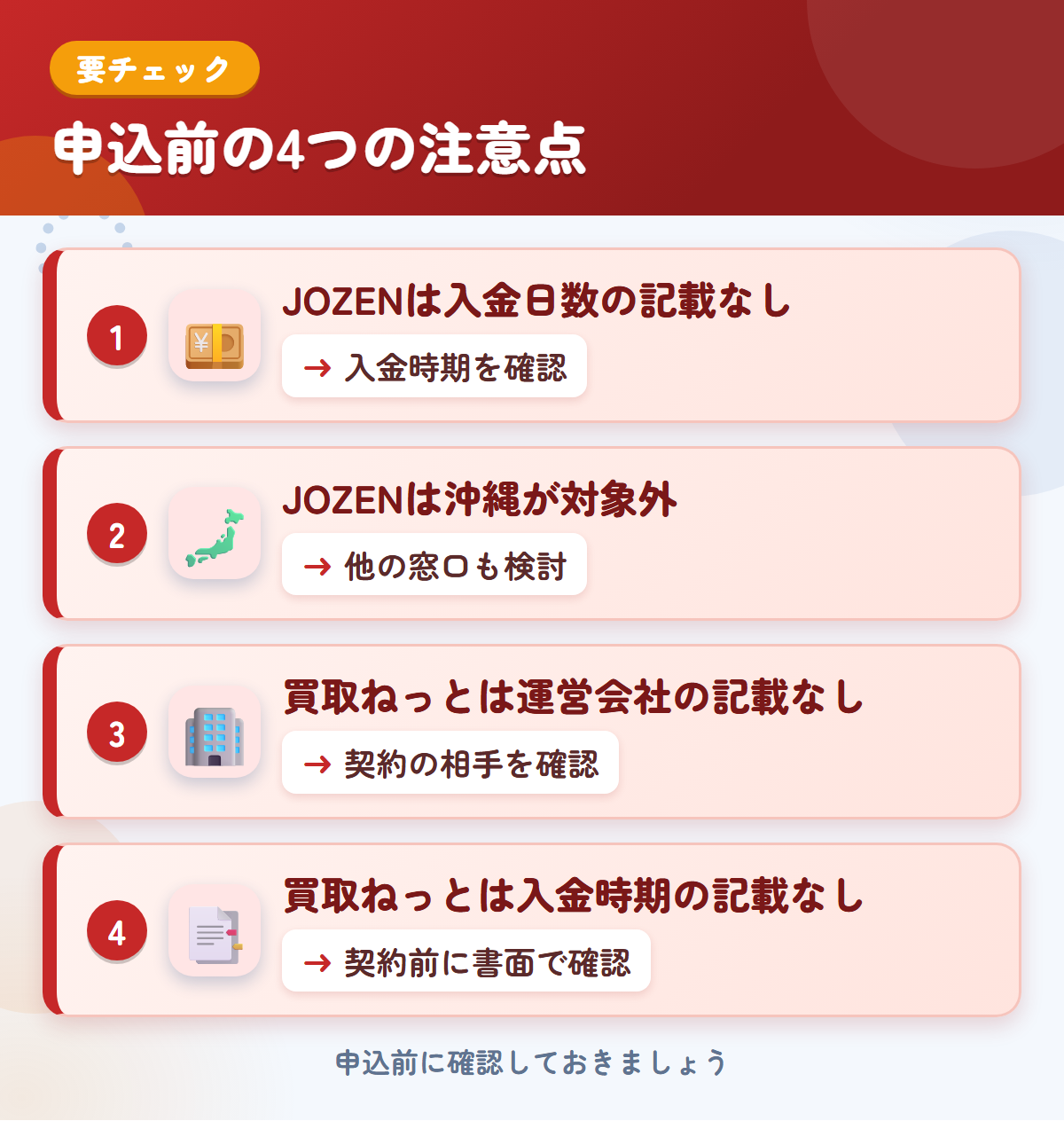JOZENと買取ねっとの申込前の注意点4つ。JOZENは入金日数の記載なし、JOZENは沖縄が対象外、買取ねっとは運営会社の記載なし、買取ねっとは入金時期の記載なし