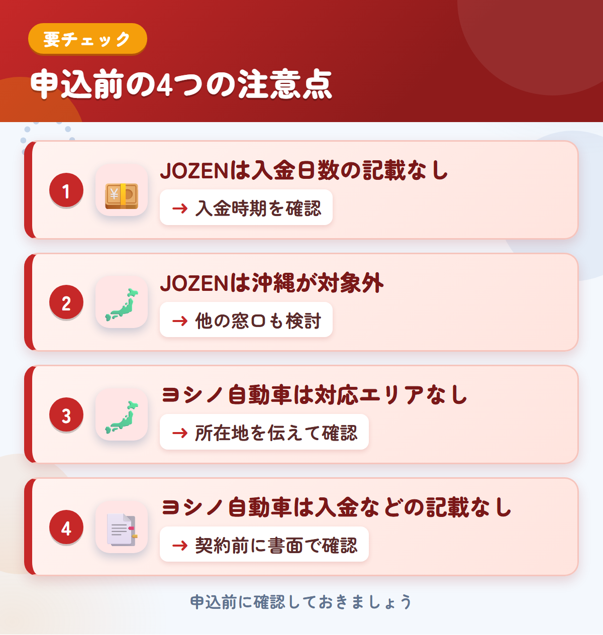 JOZENとヨシノ自動車の申込前の注意点4つ。JOZENは入金日数の記載なし、JOZENは沖縄が対象外、ヨシノ自動車は対応エリアなし、ヨシノ自動車は入金などの記載なし