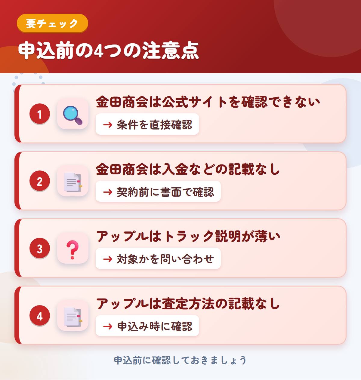 金田商会とアップルの申込前の注意点4つ。金田商会は公式サイトを確認できない、金田商会は入金などの記載なし、アップルはトラック説明が薄い、アップルは査定方法の記載なし