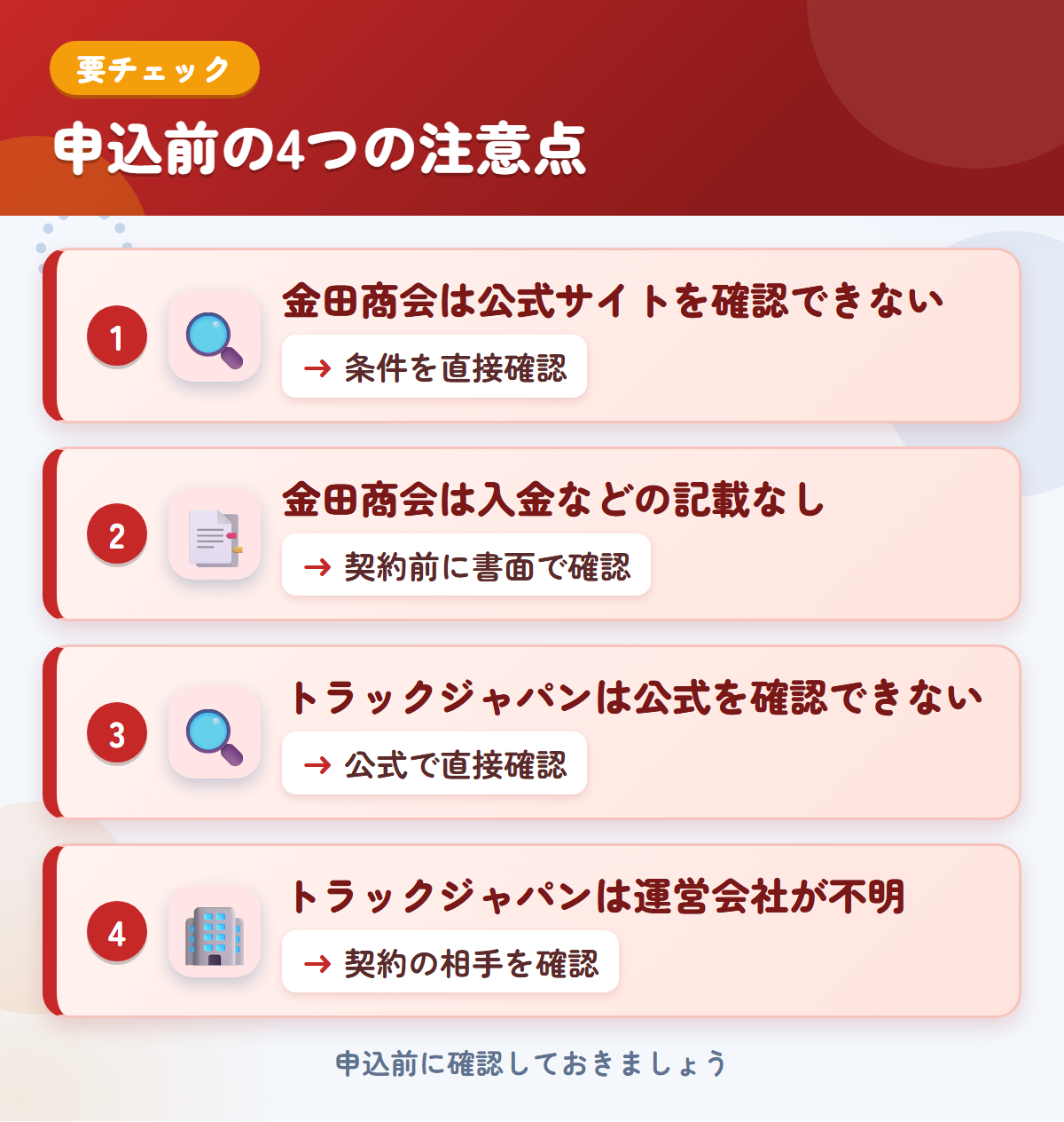 金田商会とトラックジャパンの申込前の注意点4つ。金田商会は公式サイトを確認できない、金田商会は入金などの記載なし、トラックジャパンは公式を確認できない、トラックジャパンは運営会社が不明