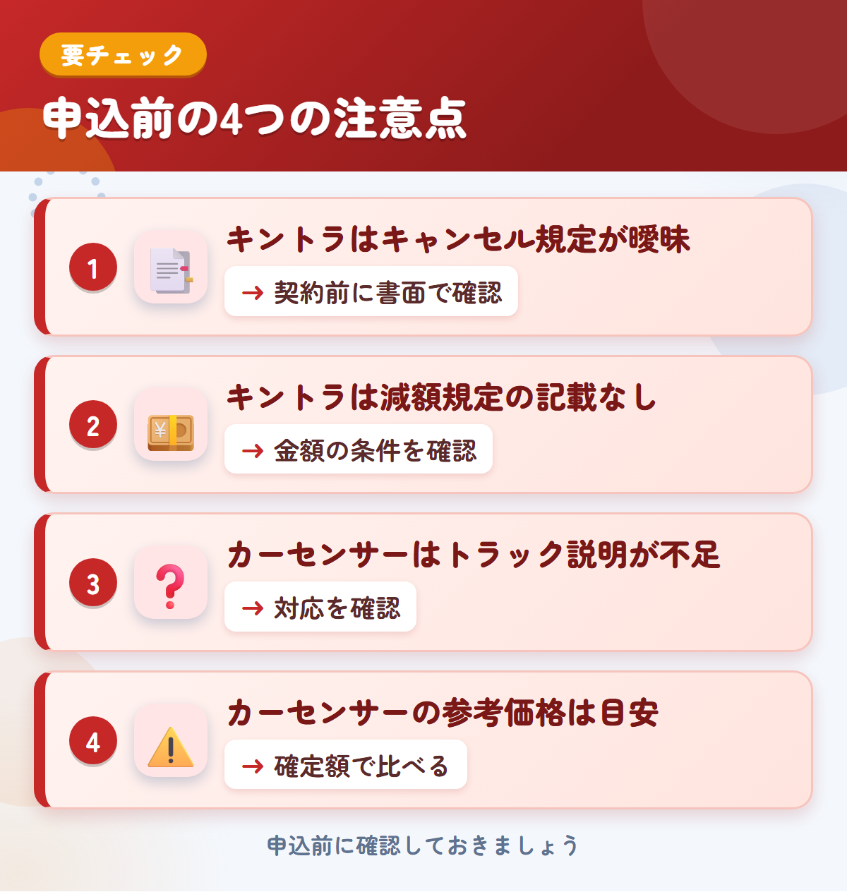 キントラとカーセンサーの申込前の注意点4つ。キントラはキャンセル規定が曖昧、キントラは減額規定の記載なし、カーセンサーはトラック説明が不足、カーセンサーの参考価格は目安