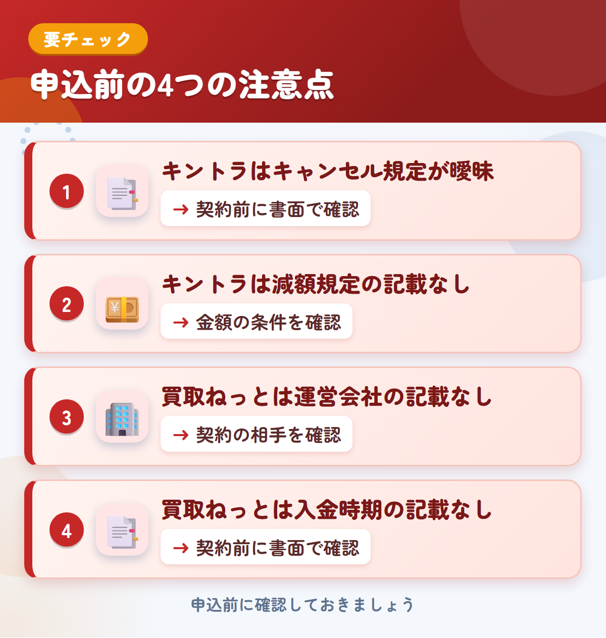 キントラと買取ねっとの申込前の注意点4つ。キントラはキャンセル規定が曖昧、キントラは減額規定の記載なし、買取ねっとは運営会社の記載なし、買取ねっとは入金時期の記載なし