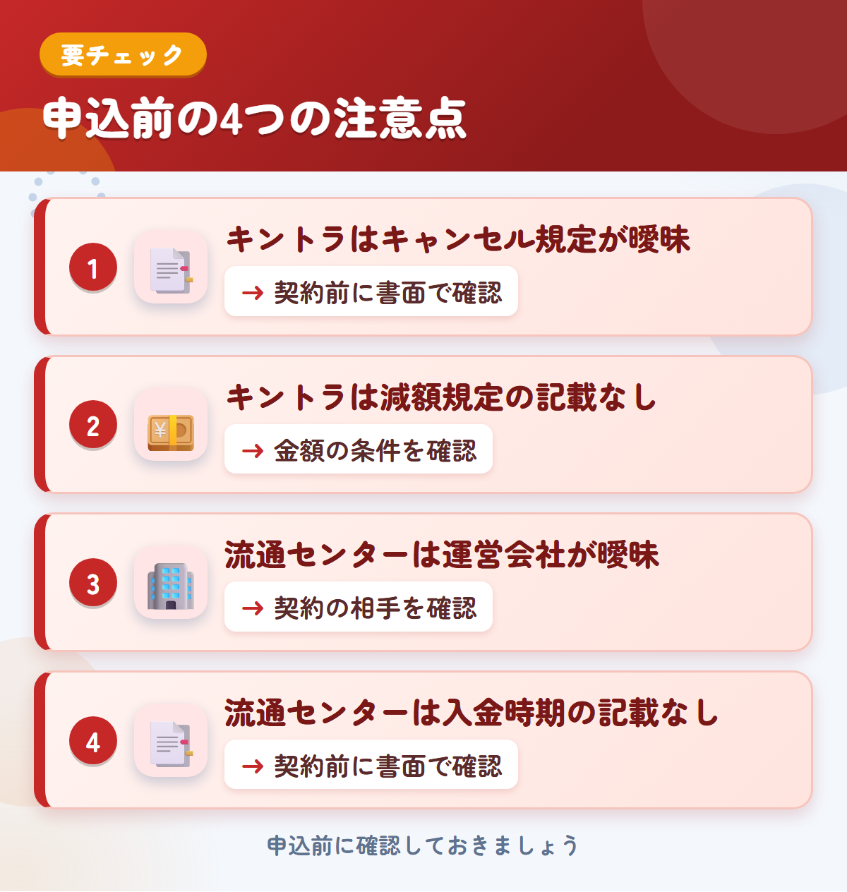 キントラと流通センターの申込前の注意点4つ。キントラはキャンセル規定が曖昧、キントラは減額規定の記載なし、流通センターは運営会社が曖昧、流通センターは入金時期の記載なし