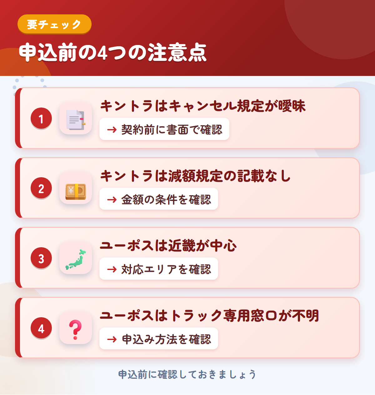 キントラとユーポスの申込前の注意点4つ。キントラはキャンセル規定が曖昧、キントラは減額規定の記載なし、ユーポスは近畿が中心、ユーポスはトラック専用窓口が不明