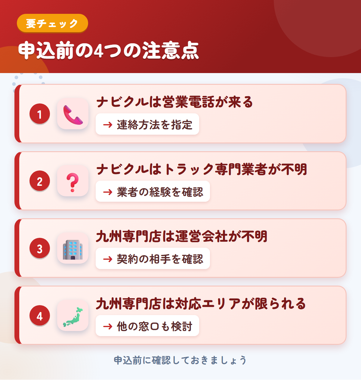 ナビクルと九州専門店の申込前の注意点4つ。ナビクルは営業電話が来る、ナビクルはトラック専門業者が不明、九州専門店は運営会社が不明、九州専門店は対応エリアが限られる