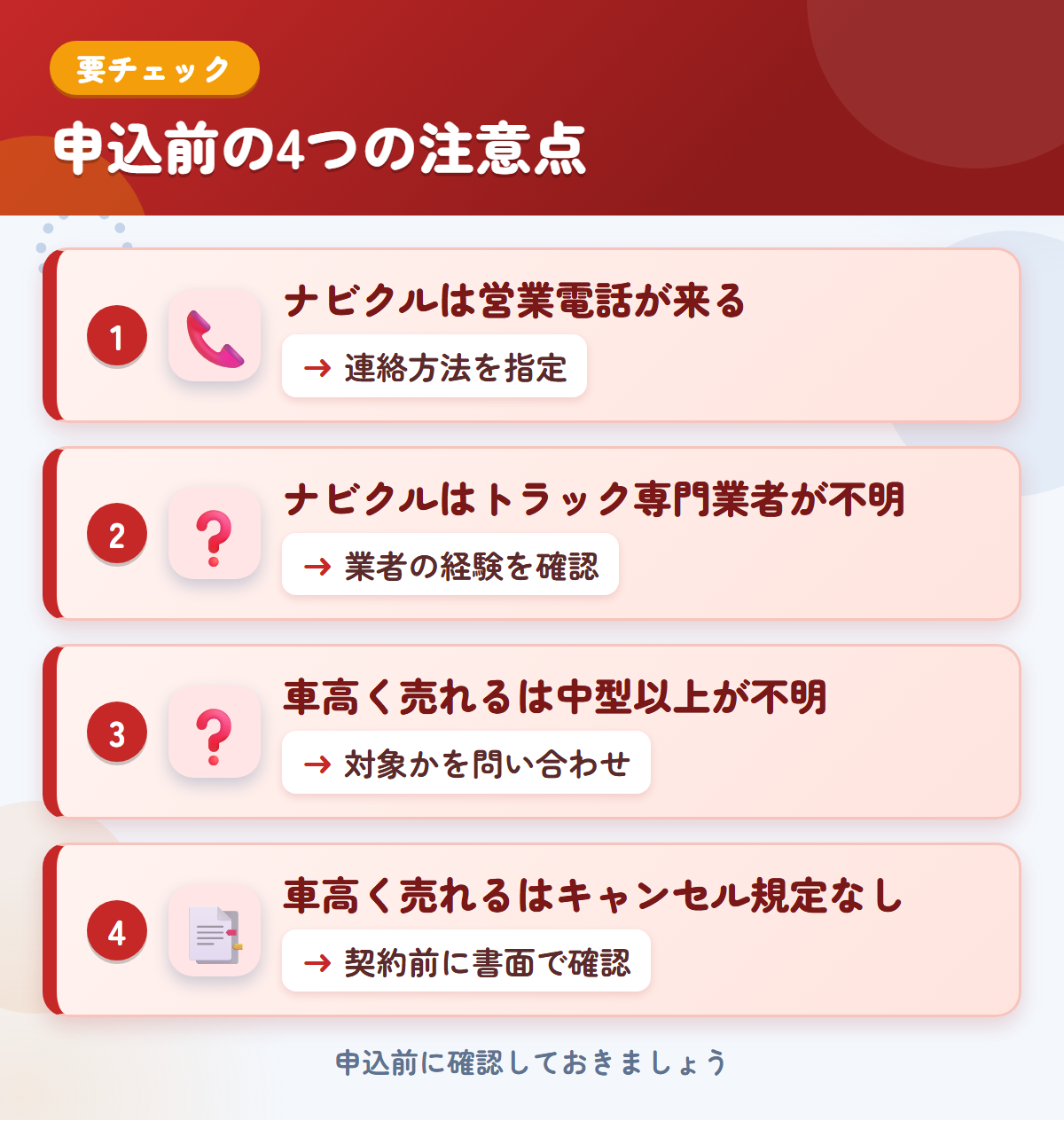 ナビクルと車高く売れるの申込前の注意点4つ。ナビクルは営業電話が来る、ナビクルはトラック専門業者が不明、車高く売れるは中型以上が不明、車高く売れるはキャンセル規定なし