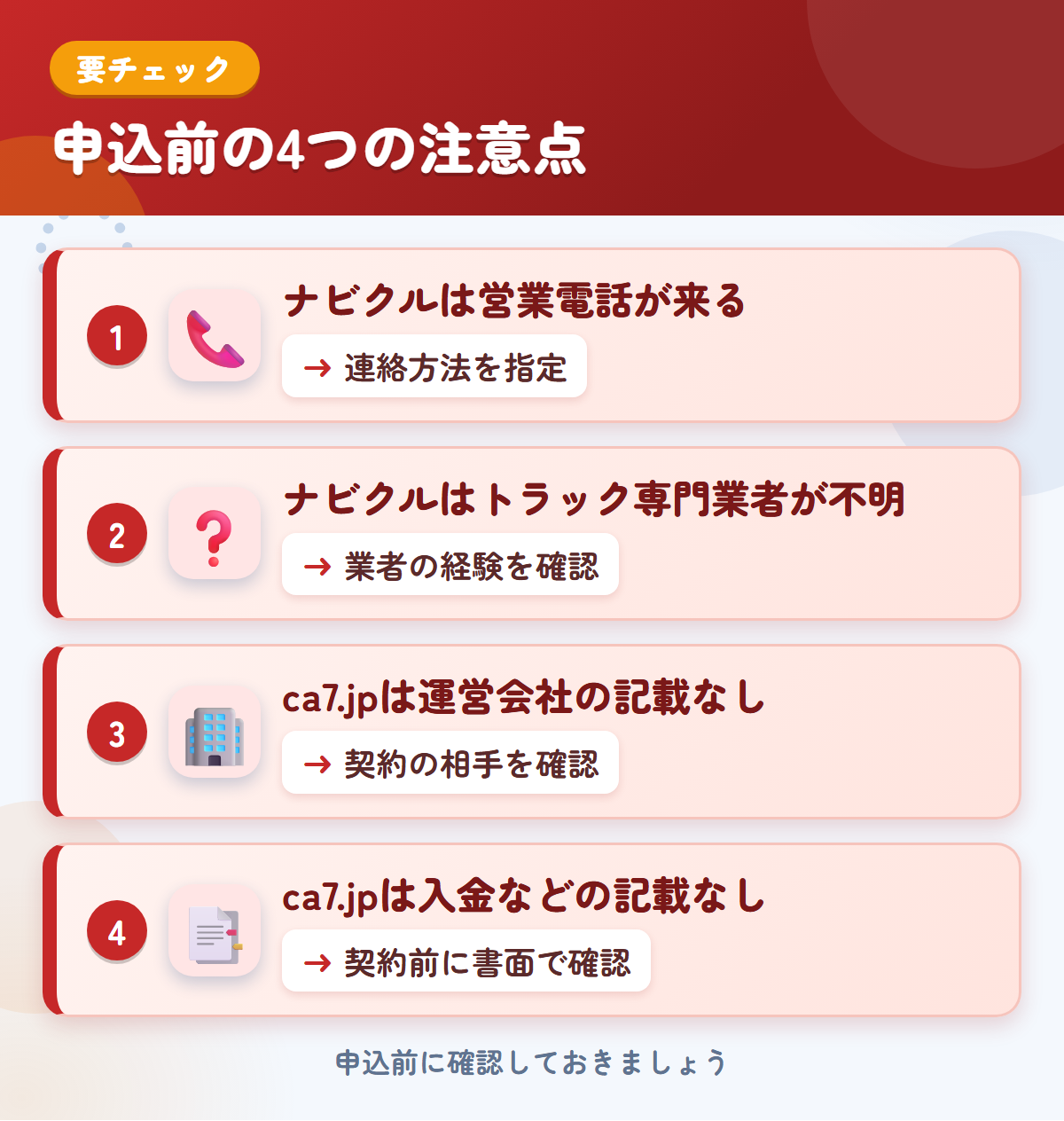ナビクルとca7.jpの申込前の注意点4つ。ナビクルは営業電話が来る、ナビクルはトラック専門業者が不明、ca7.jpは運営会社の記載なし、ca7.jpは入金などの記載なし