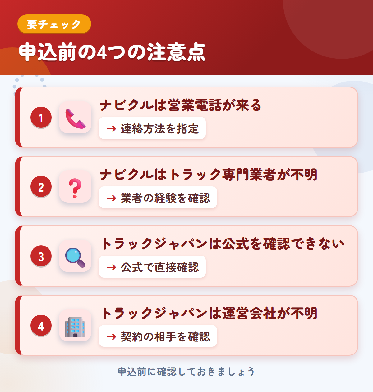 ナビクルとトラックジャパンの申込前の注意点4つ。ナビクルは営業電話が来る、ナビクルはトラック専門業者が不明、トラックジャパンは公式を確認できない、トラックジャパンは運営会社が不明
