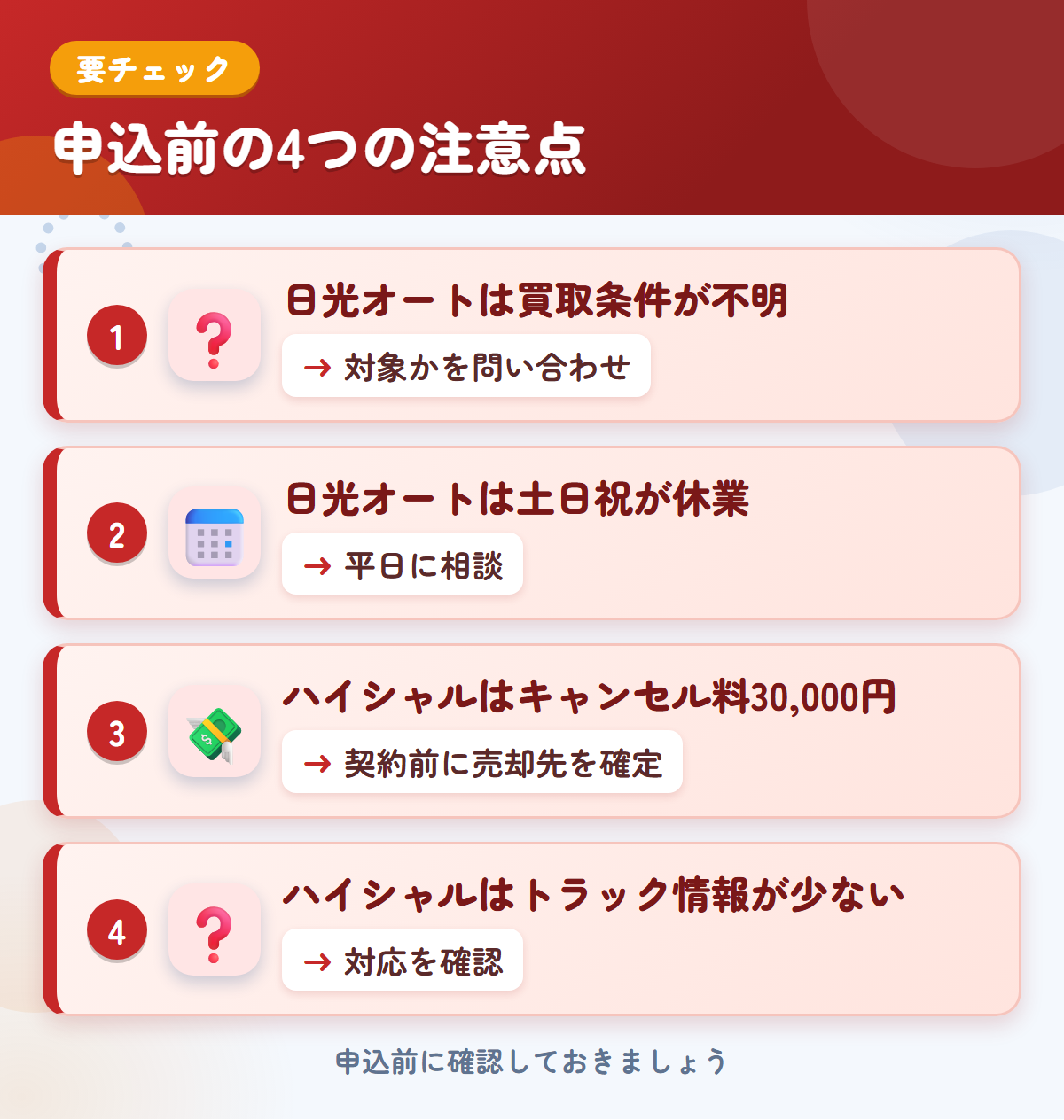 日光オートとハイシャルの申込前の注意点4つ。日光オートは買取条件が不明、日光オートは土日祝が休業、ハイシャルはキャンセル料30,000円、ハイシャルはトラック情報が少ない