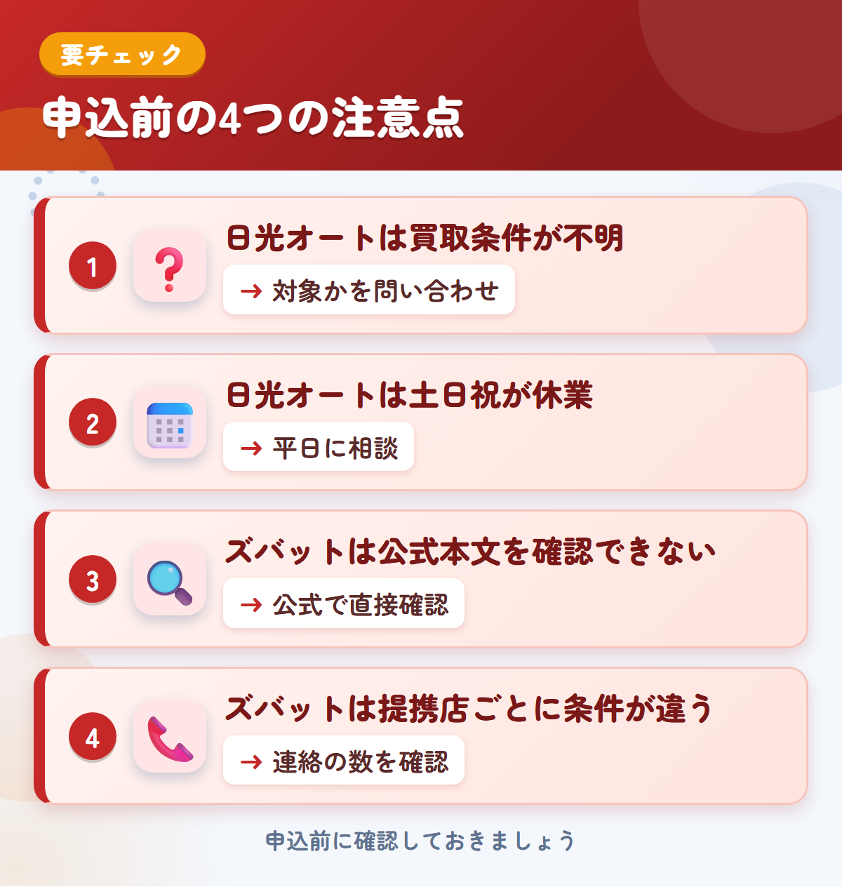 日光オートとズバットの申込前の注意点4つ。日光オートは買取条件が不明、日光オートは土日祝が休業、ズバットは公式本文を確認できない、ズバットは提携店ごとに条件が違う