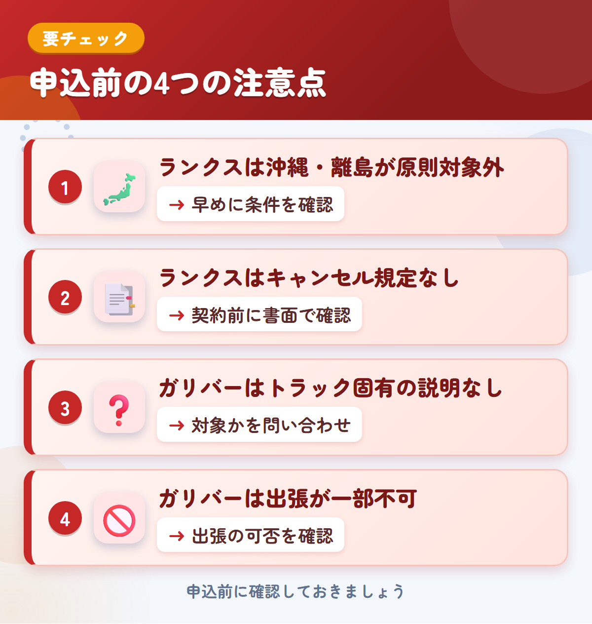 ランクスとガリバーの申込前の注意点4つ。ランクスは沖縄・離島が原則対象外、ランクスはキャンセル規定なし、ガリバーはトラック固有の説明なし、ガリバーは出張が一部不可