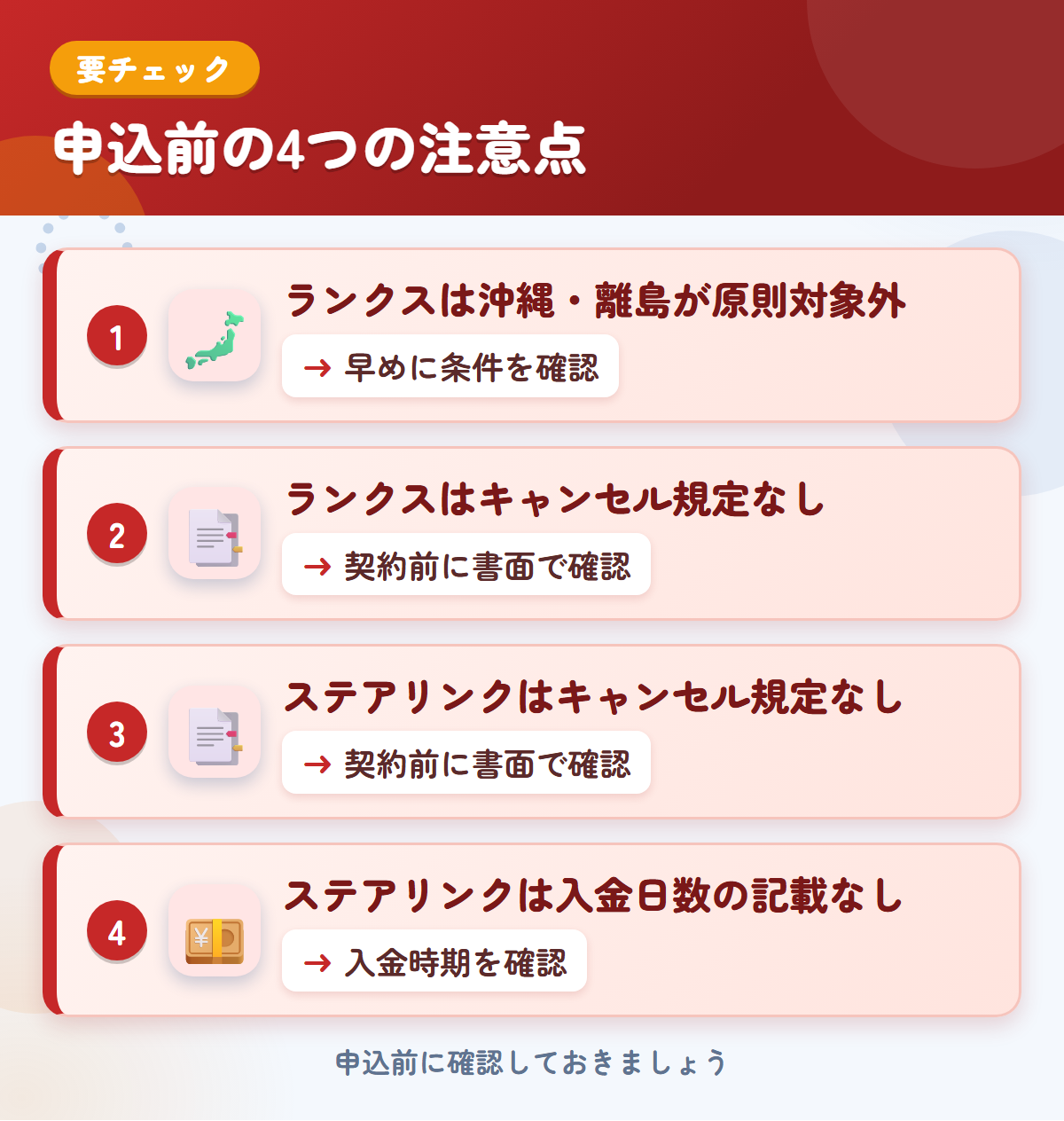 ランクスとステアリンクの申込前の注意点4つ。ランクスは沖縄・離島が原則対象外、ランクスはキャンセル規定なし、ステアリンクはキャンセル規定なし、ステアリンクは入金日数の記載なし