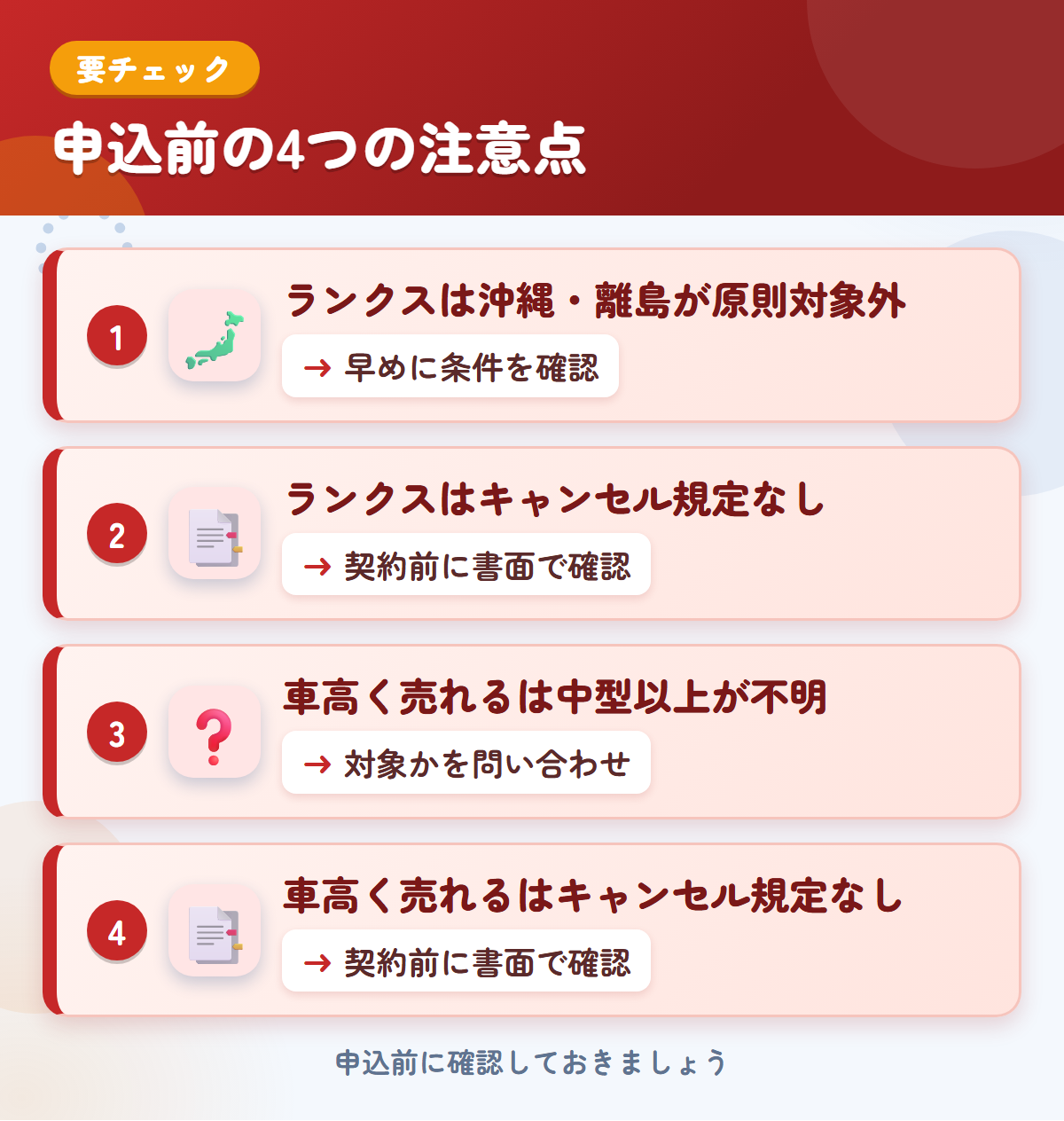 ランクスと車高く売れるの申込前の注意点4つ。ランクスは沖縄・離島が原則対象外、ランクスはキャンセル規定なし、車高く売れるは中型以上が不明、車高く売れるはキャンセル規定なし