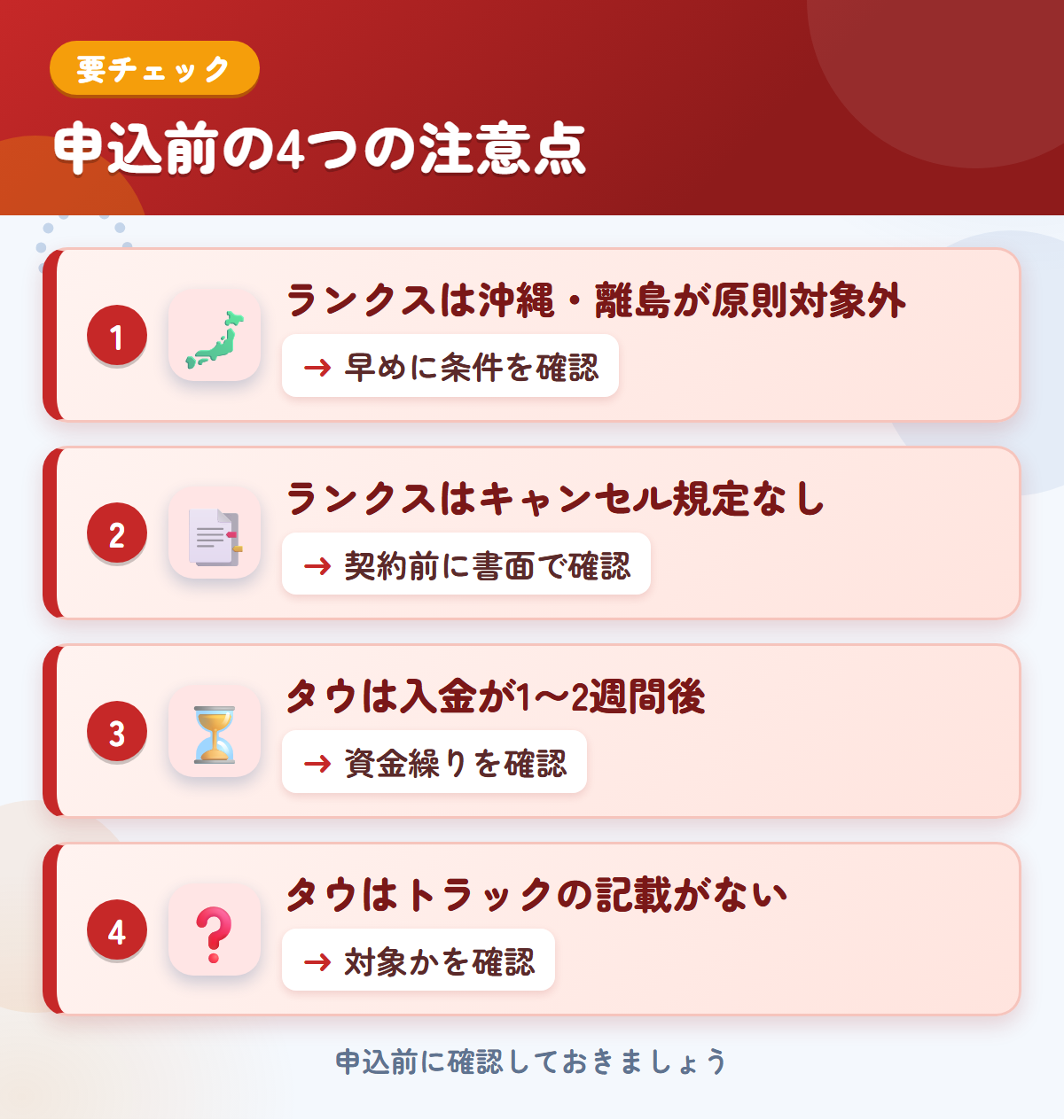 ランクスとタウの申込前の注意点4つ。ランクスは沖縄・離島が原則対象外、ランクスはキャンセル規定なし、タウは入金が1〜2週間後、タウはトラックの記載がない