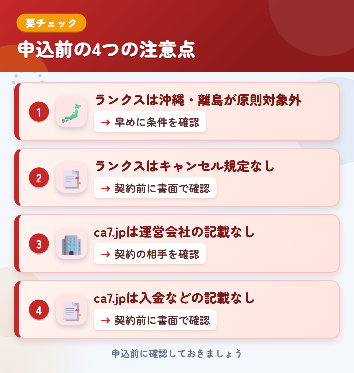 ランクスとca7.jpの申込前の注意点4つ。ランクスは沖縄・離島が原則対象外、ランクスはキャンセル規定なし、ca7.jpは運営会社の記載なし、ca7.jpは入金などの記載なし
