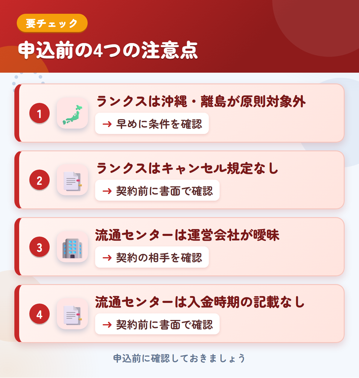 ランクスと流通センターの申込前の注意点4つ。ランクスは沖縄・離島が原則対象外、ランクスはキャンセル規定なし、流通センターは運営会社が曖昧、流通センターは入金時期の記載なし