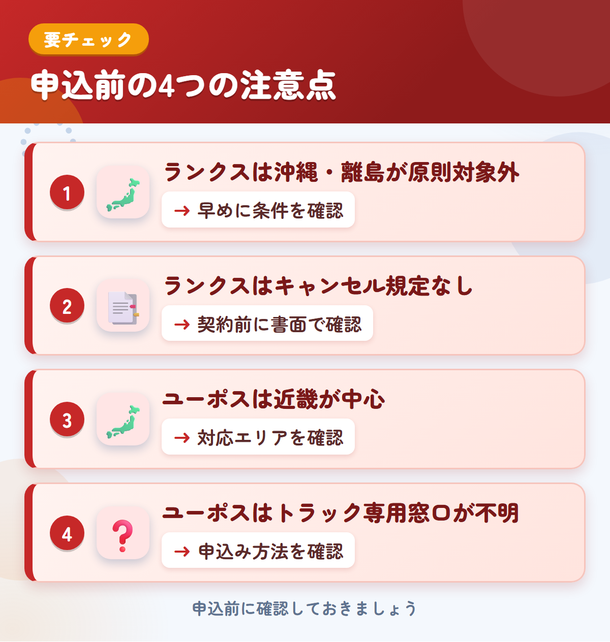 ランクスとユーポスの申込前の注意点4つ。ランクスは沖縄・離島が原則対象外、ランクスはキャンセル規定なし、ユーポスは近畿が中心、ユーポスはトラック専用窓口が不明