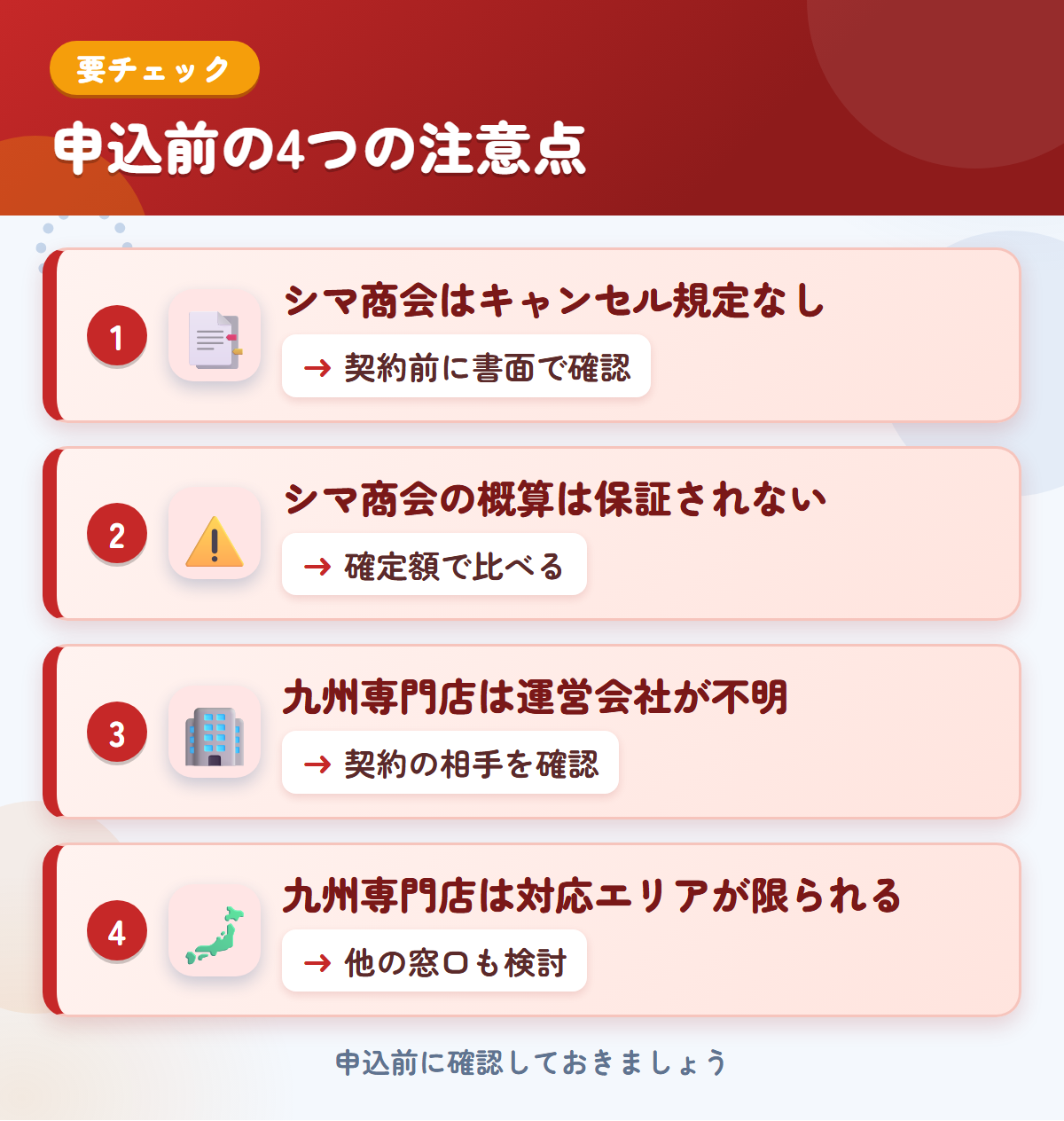シマ商会と九州専門店の申込前の注意点4つ。シマ商会はキャンセル規定なし、シマ商会の概算は保証されない、九州専門店は運営会社が不明、九州専門店は対応エリアが限られる