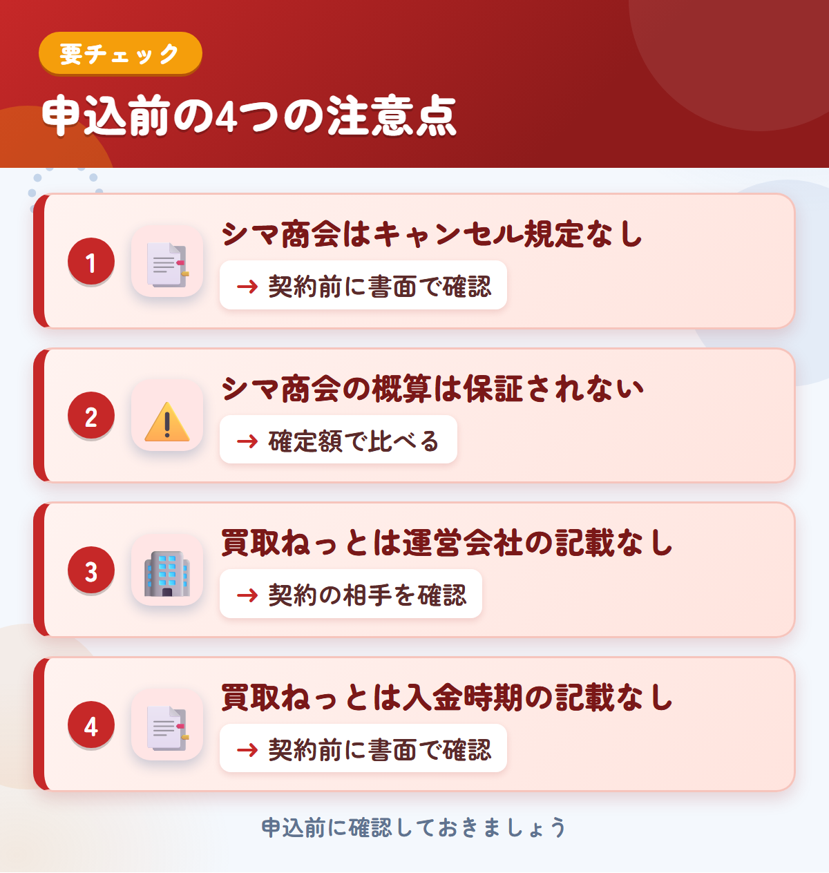 シマ商会と買取ねっとの申込前の注意点4つ。シマ商会はキャンセル規定なし、シマ商会の概算は保証されない、買取ねっとは運営会社の記載なし、買取ねっとは入金時期の記載なし