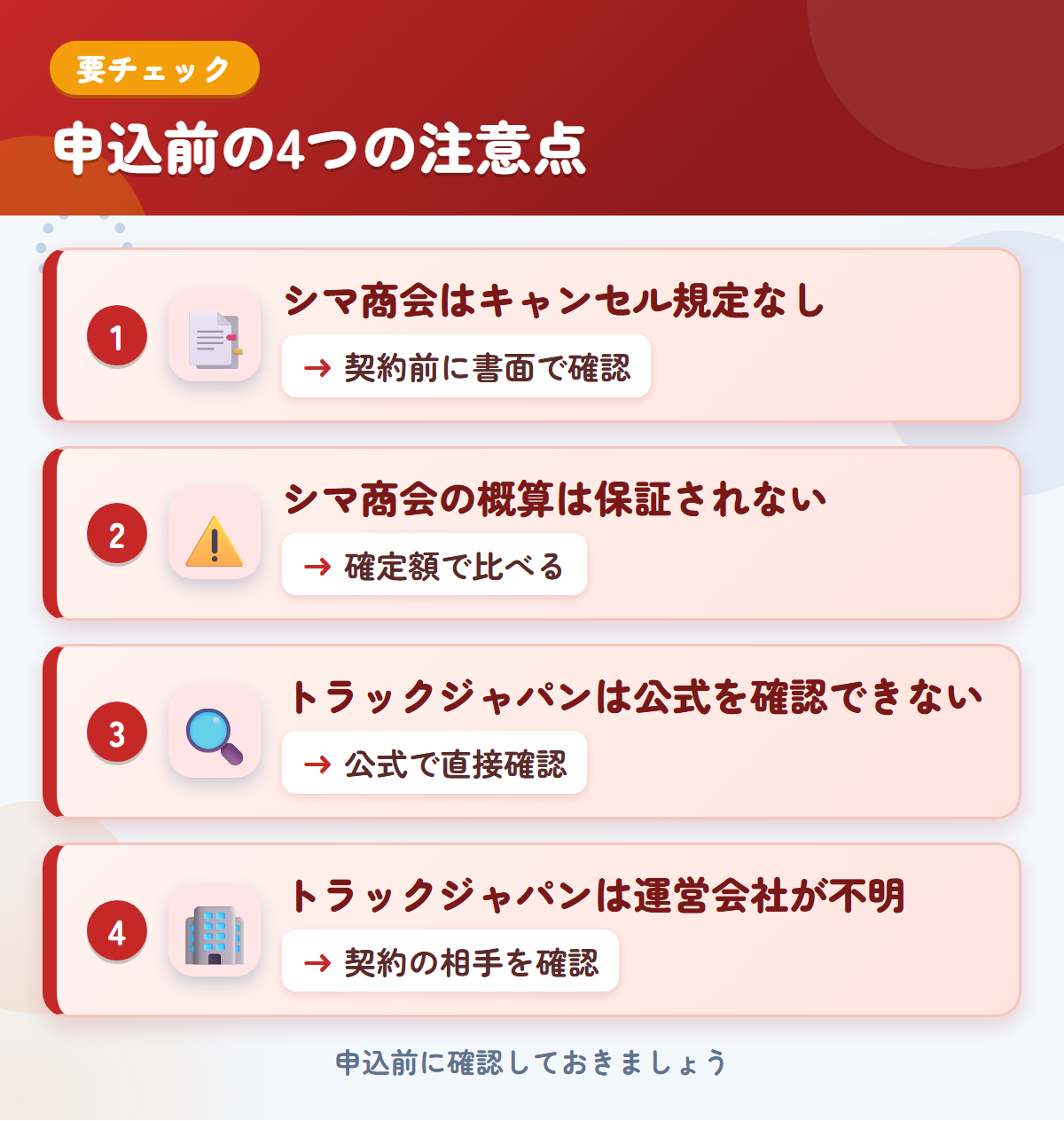 シマ商会とトラックジャパンの申込前の注意点4つ。シマ商会はキャンセル規定なし、シマ商会の概算は保証されない、トラックジャパンは公式を確認できない、トラックジャパンは運営会社が不明
