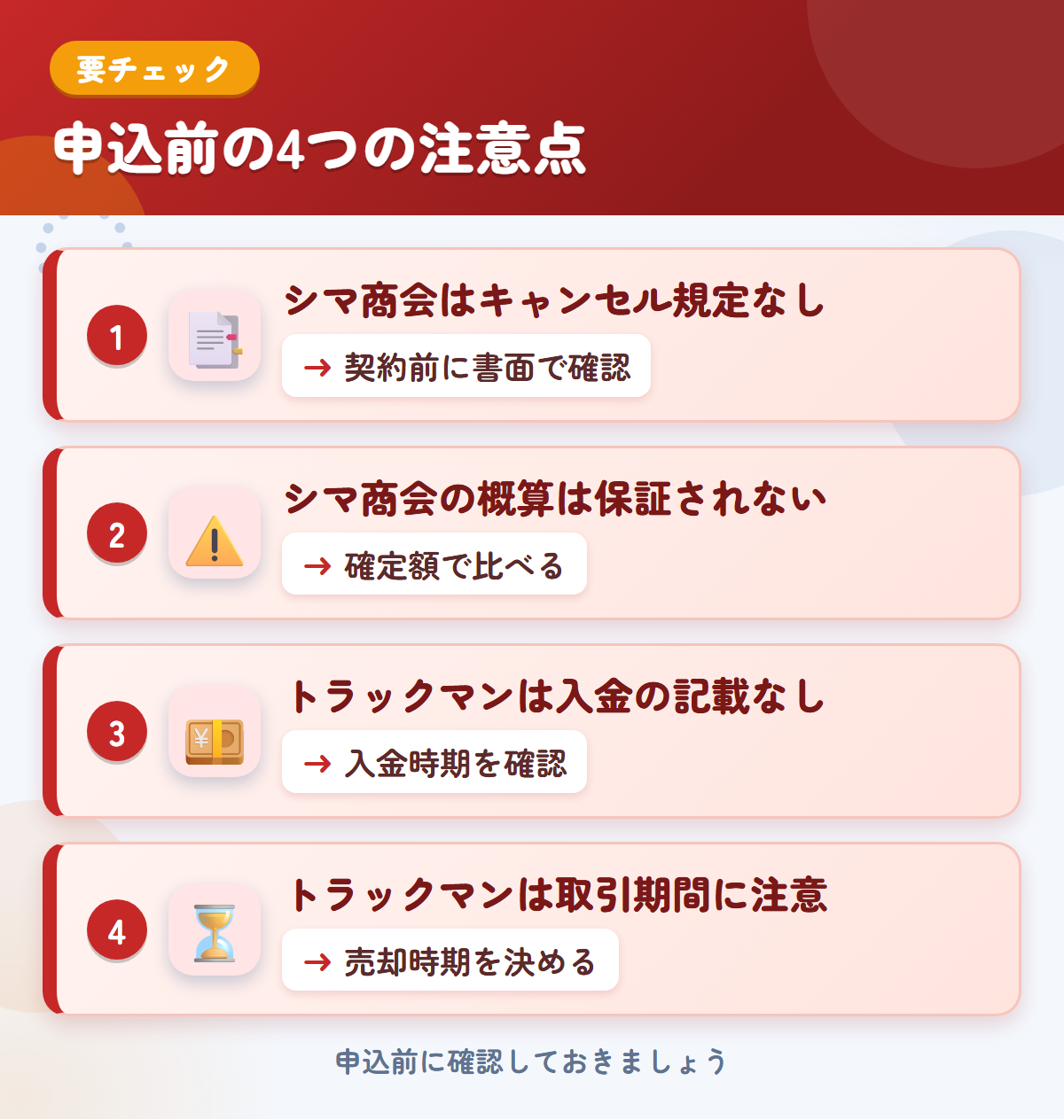 シマ商会とトラックマンの申込前の注意点4つ。シマ商会はキャンセル規定なし、シマ商会の概算は保証されない、トラックマンは入金の記載なし、トラックマンは取引期間に注意