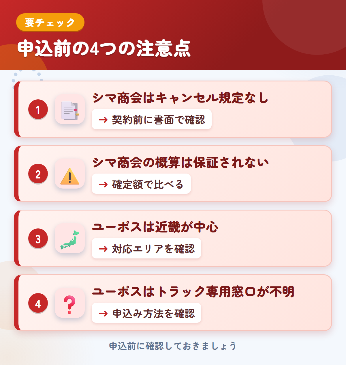 シマ商会とユーポスの申込前の注意点4つ。シマ商会はキャンセル規定なし、シマ商会の概算は保証されない、ユーポスは近畿が中心、ユーポスはトラック専用窓口が不明