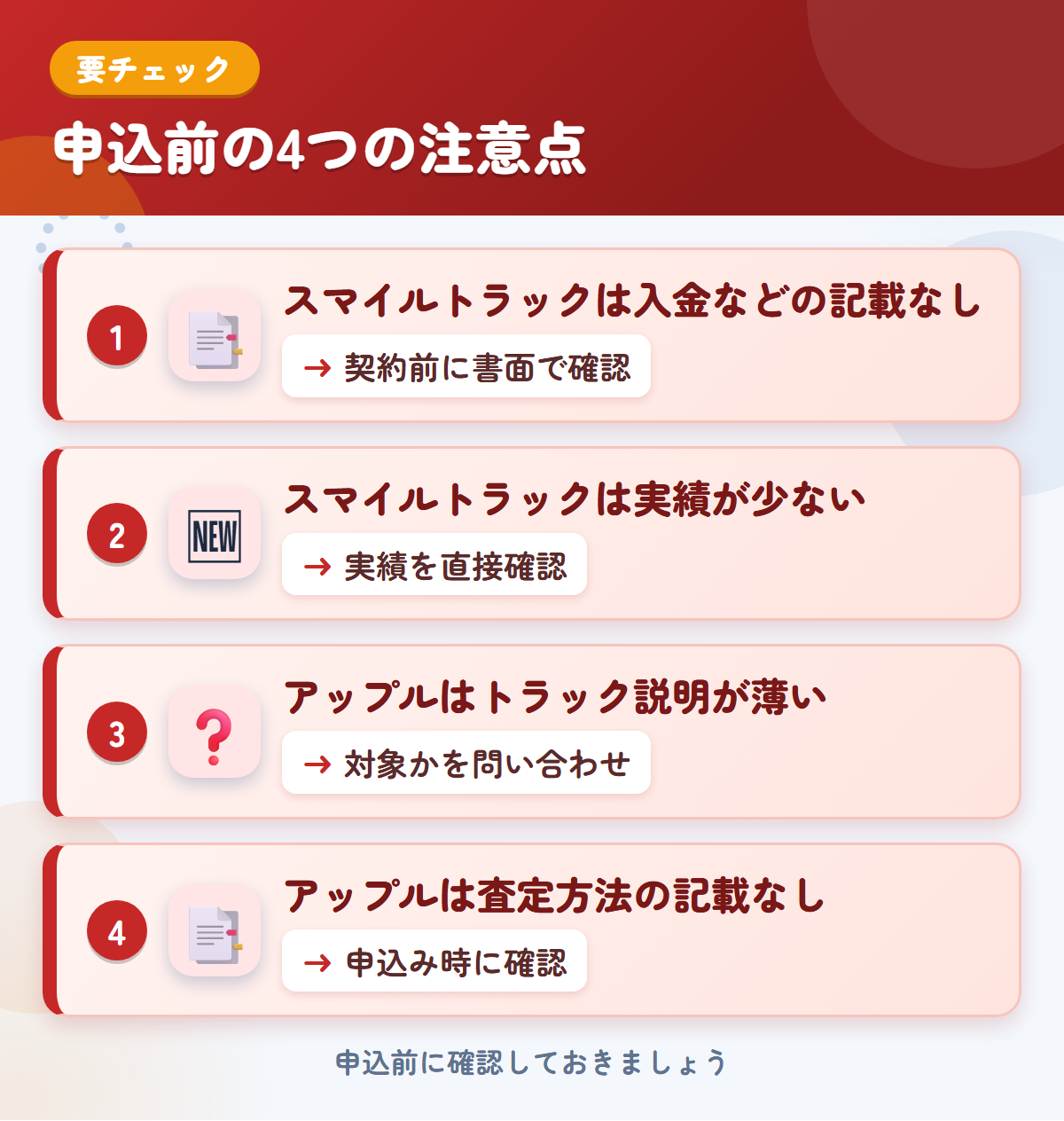 スマイルトラックとアップルの申込前の注意点4つ。スマイルトラックは入金などの記載なし、スマイルトラックは実績が少ない、アップルはトラック説明が薄い、アップルは査定方法の記載なし