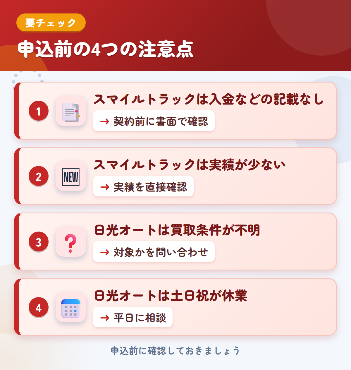 スマイルトラックと日光オートの申込前の注意点4つ。スマイルトラックは入金などの記載なし、スマイルトラックは実績が少ない、日光オートは買取条件が不明、日光オートは土日祝が休業