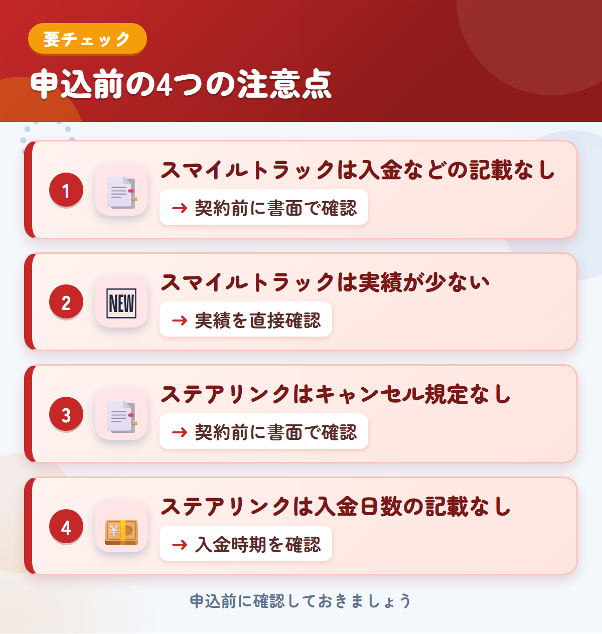 スマイルトラックとステアリンクの申込前の注意点4つ。スマイルトラックは入金などの記載なし、スマイルトラックは実績が少ない、ステアリンクはキャンセル規定なし、ステアリンクは入金日数の記載なし