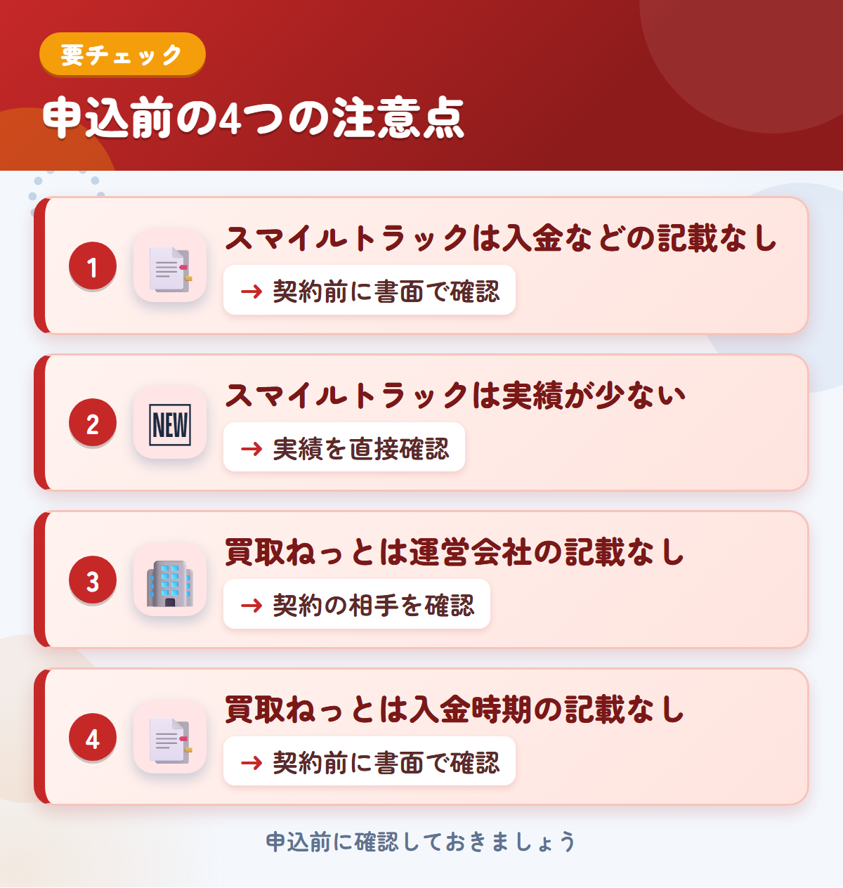 スマイルトラックと買取ねっとの申込前の注意点4つ。スマイルトラックは入金などの記載なし、スマイルトラックは実績が少ない、買取ねっとは運営会社の記載なし、買取ねっとは入金時期の記載なし