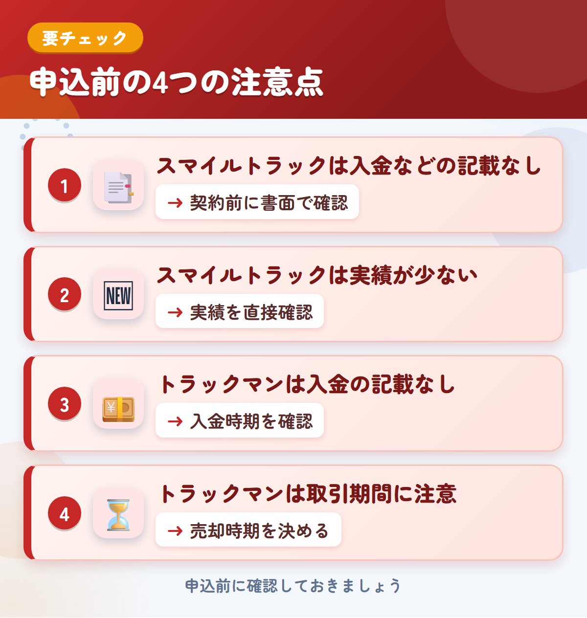 スマイルトラックとトラックマンの申込前の注意点4つ。スマイルトラックは入金などの記載なし、スマイルトラックは実績が少ない、トラックマンは入金の記載なし、トラックマンは取引期間に注意