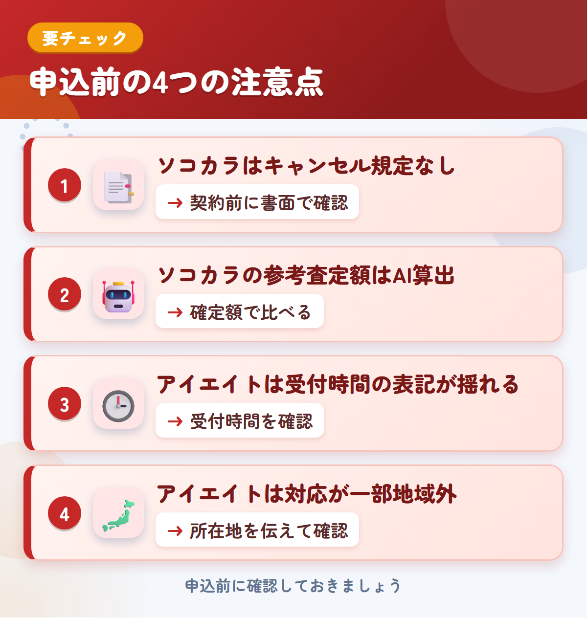 ソコカラとアイエイトの申込前の注意点4つ。ソコカラはキャンセル規定なし、ソコカラの参考査定額はAI算出、アイエイトは受付時間の表記が揺れる、アイエイトは対応が一部地域外