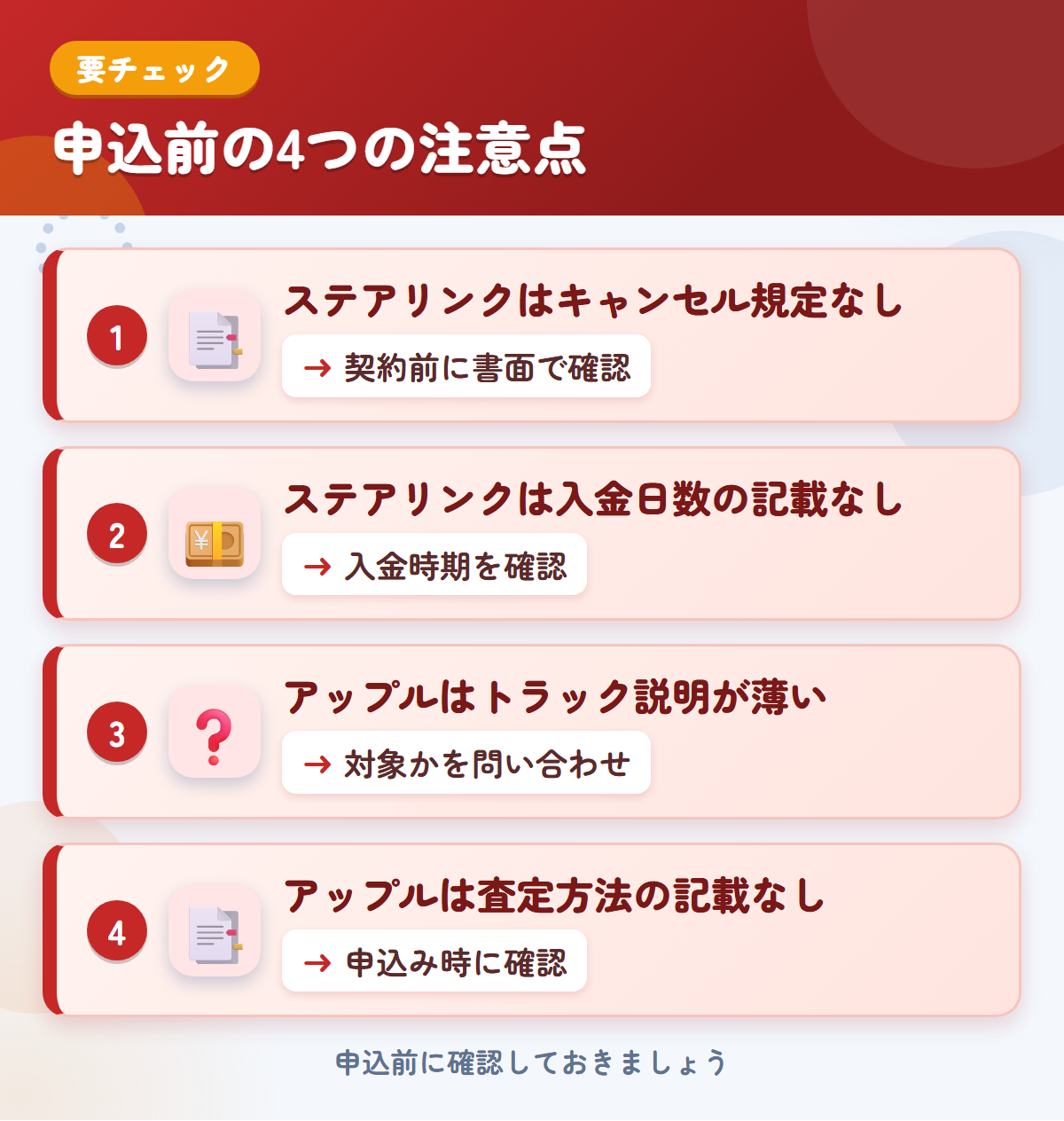 ステアリンクとアップルの申込前の注意点4つ。ステアリンクはキャンセル規定なし、ステアリンクは入金日数の記載なし、アップルはトラック説明が薄い、アップルは査定方法の記載なし