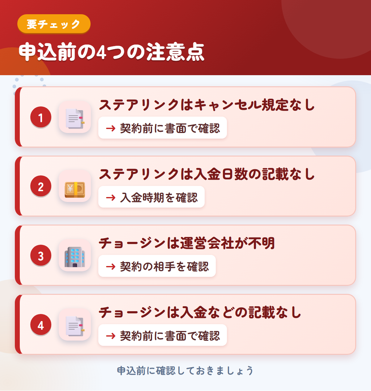 ステアリンクとチョージンの申込前の注意点4つ。ステアリンクはキャンセル規定なし、ステアリンクは入金日数の記載なし、チョージンは運営会社が不明、チョージンは入金などの記載なし