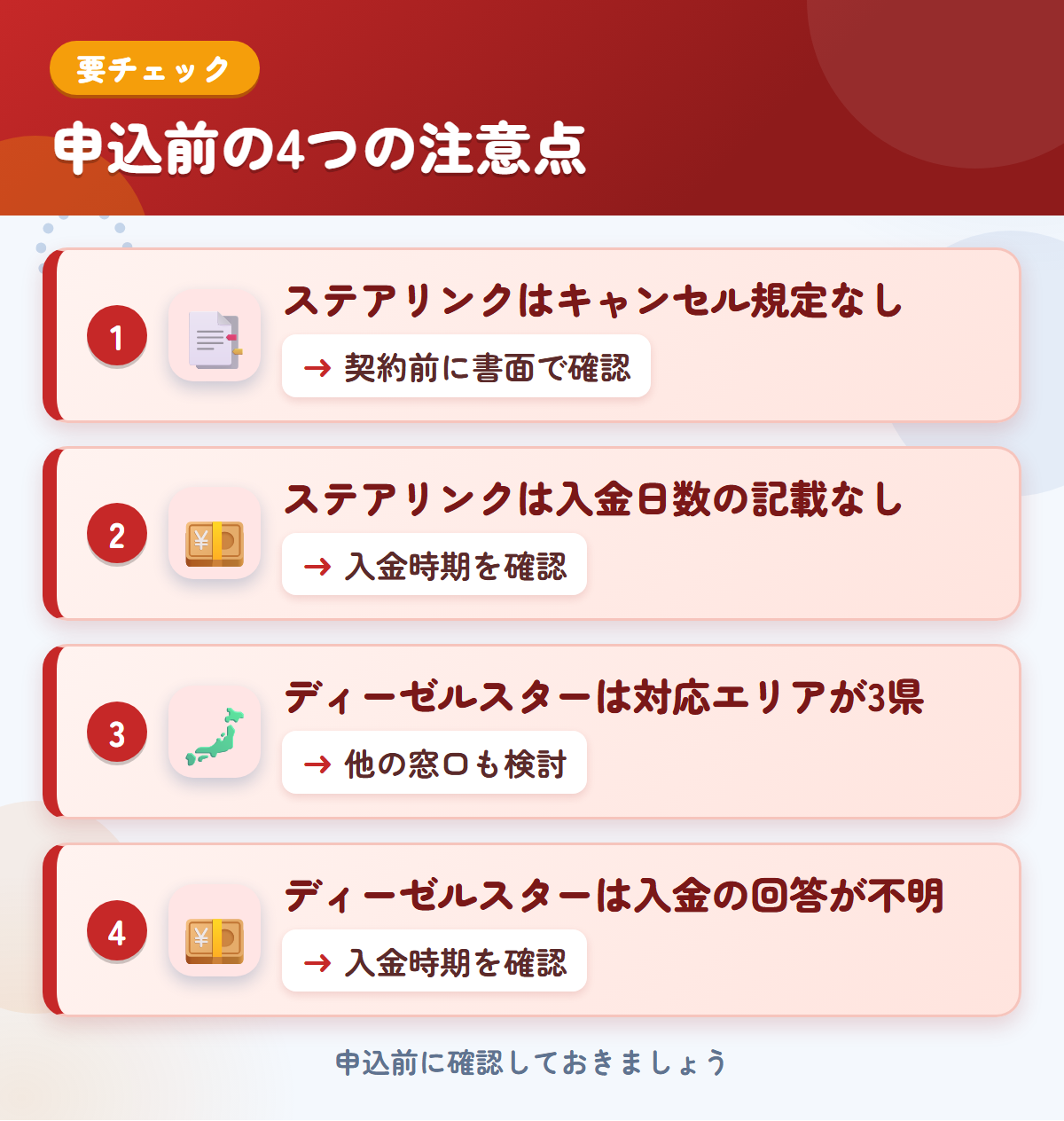 ステアリンクとディーゼルスターの申込前の注意点4つ。ステアリンクはキャンセル規定なし、ステアリンクは入金日数の記載なし、ディーゼルスターは対応エリアが3県、ディーゼルスターは入金の回答が不明