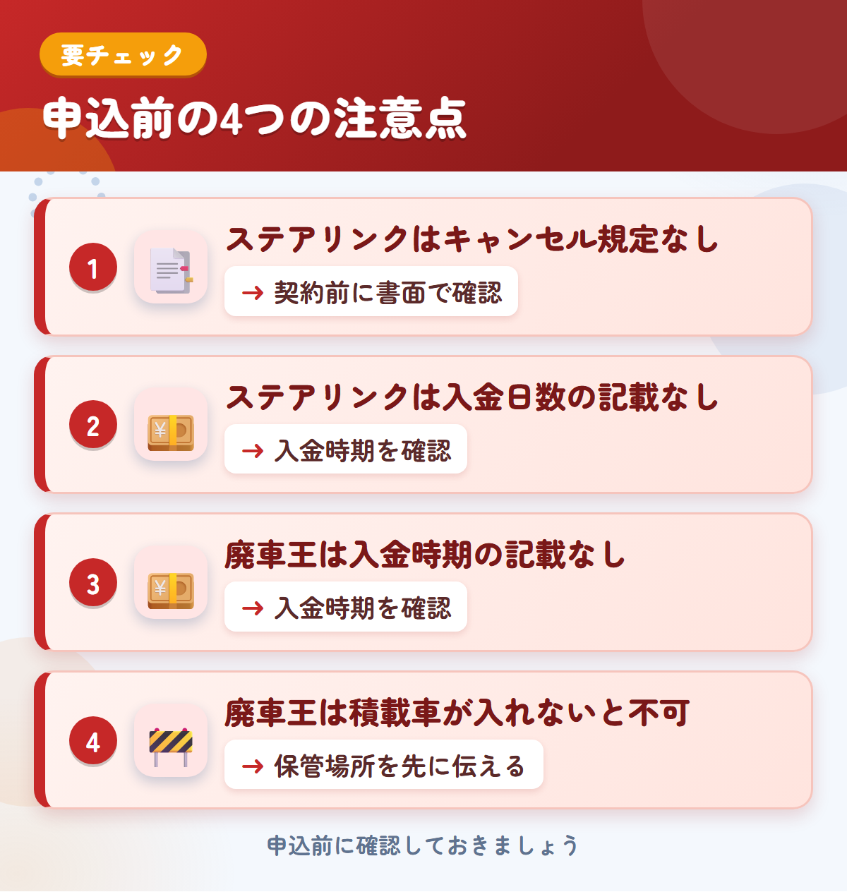 ステアリンクと廃車王の申込前の注意点4つ。ステアリンクはキャンセル規定なし、ステアリンクは入金日数の記載なし、廃車王は入金時期の記載なし、廃車王は積載車が入れないと不可