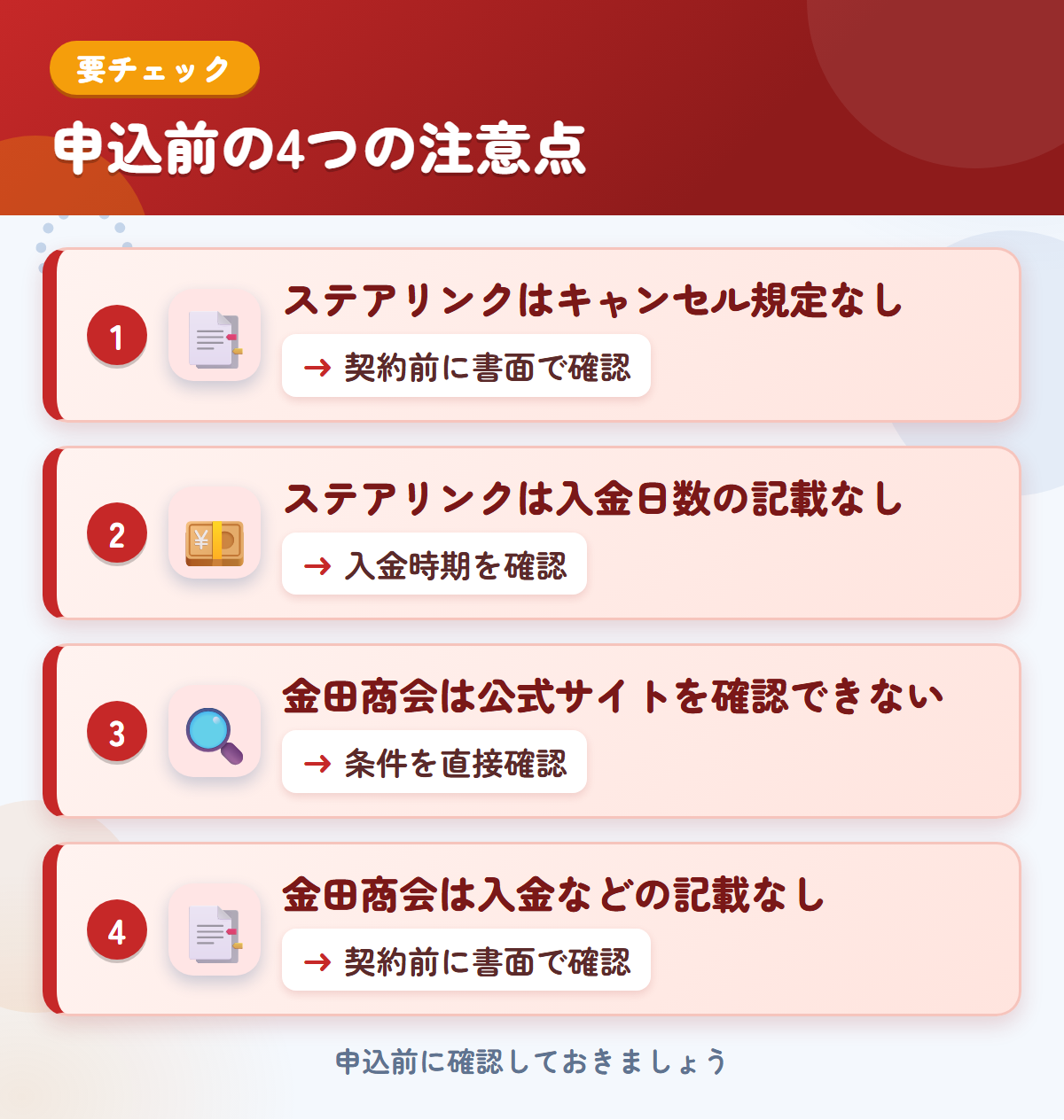 ステアリンクと金田商会の申込前の注意点4つ。ステアリンクはキャンセル規定なし、ステアリンクは入金日数の記載なし、金田商会は公式サイトを確認できない、金田商会は入金などの記載なし